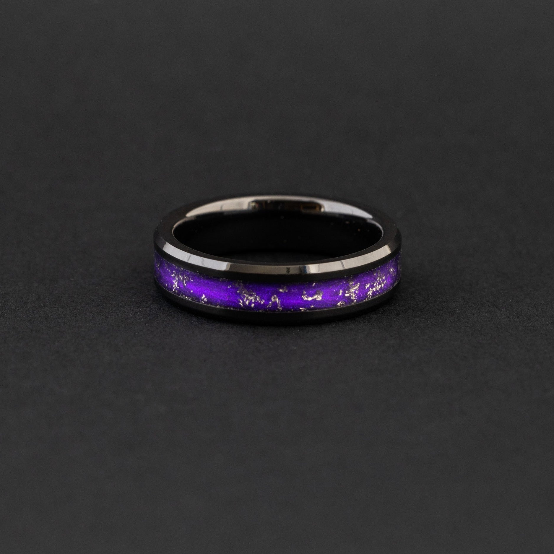 Handcrafted 6mm ceramic wedding band featuring celestial Gibeon fragments and purple inlay.