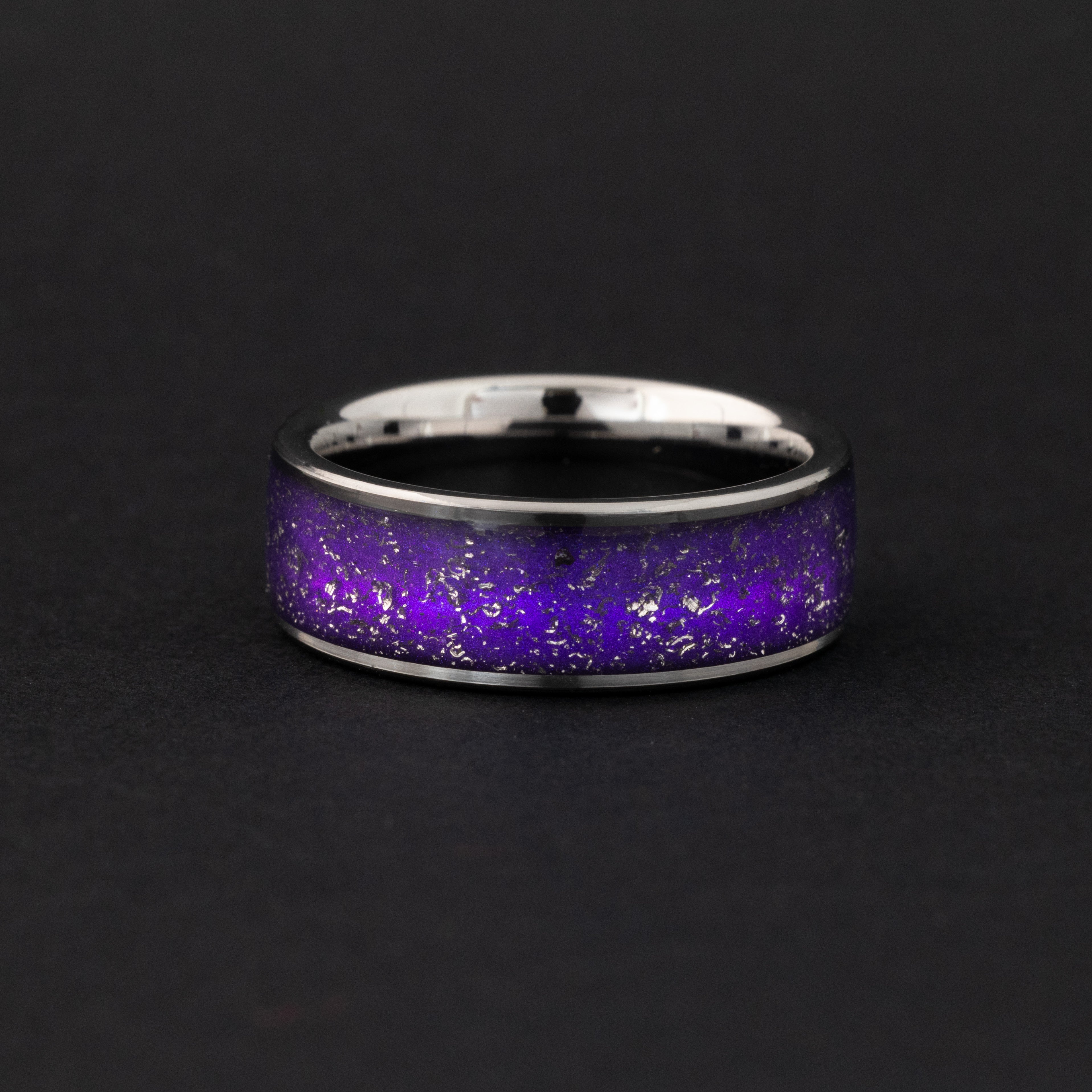 Handcrafted 8mm tungsten wedding band featuring celestial Gibeon fragments and purple inlay.