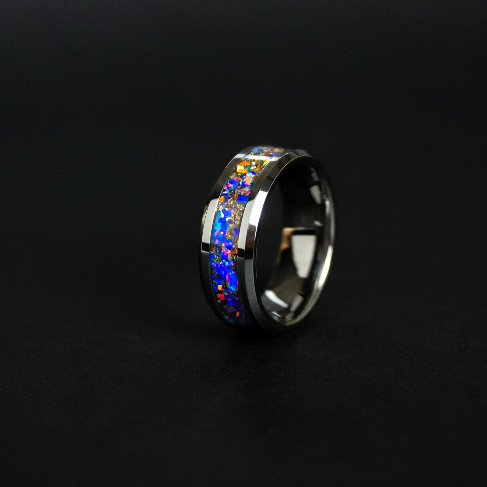 8mm beveled tungsten ring with authentic Velociraptor bone and Campo del Cielo meteorite in midnight blue purple opal inlay