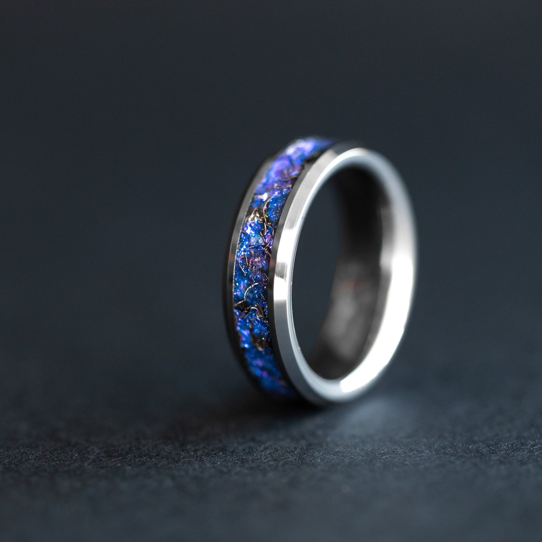 6mm beveled tungsten ring with authentic Campo del Cielo meteorite shavings in blue and purple galaxy pigment inlay