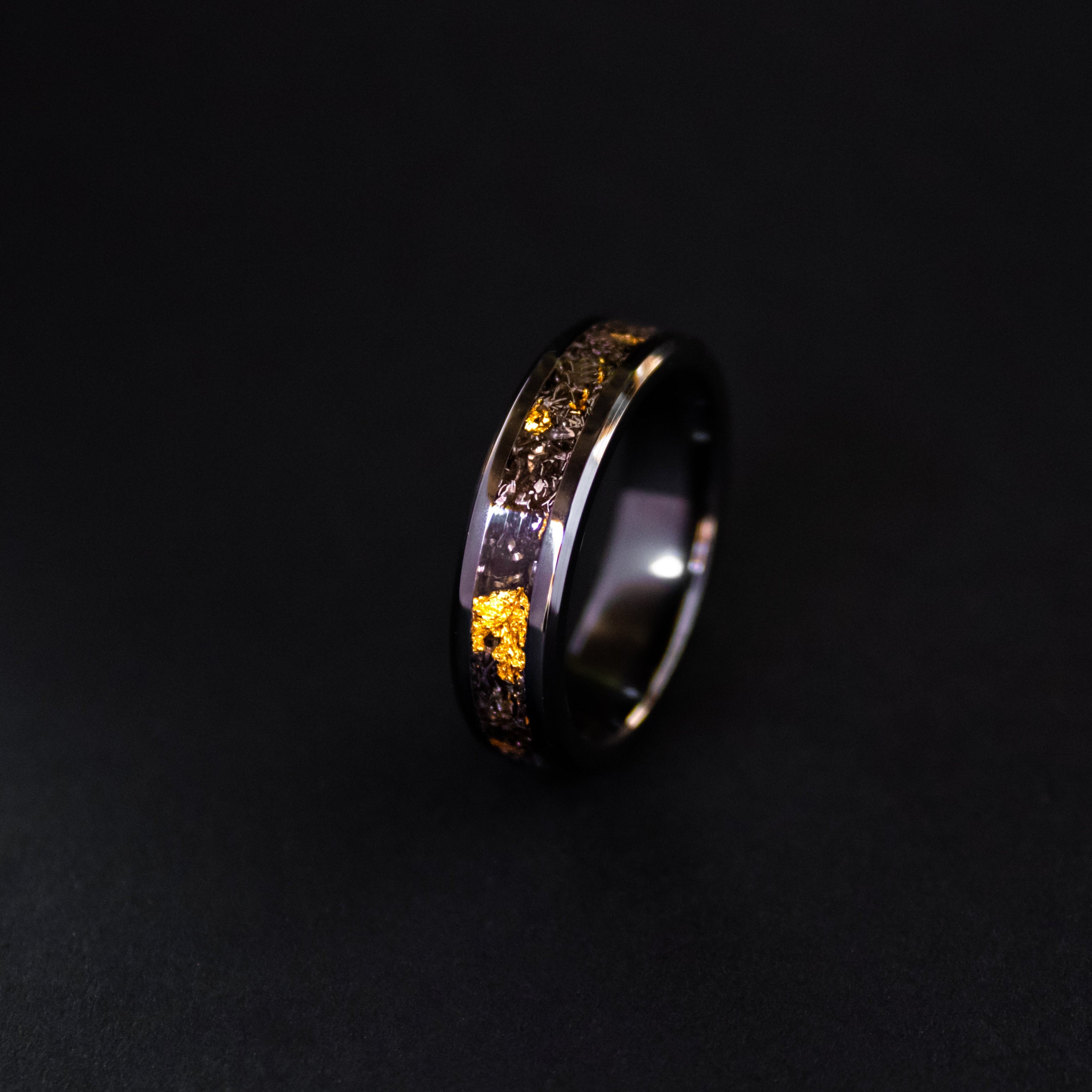6mm beveled black ceramic ring with authentic Campo del Cielo meteorite shavings and real gold metal flake inlay