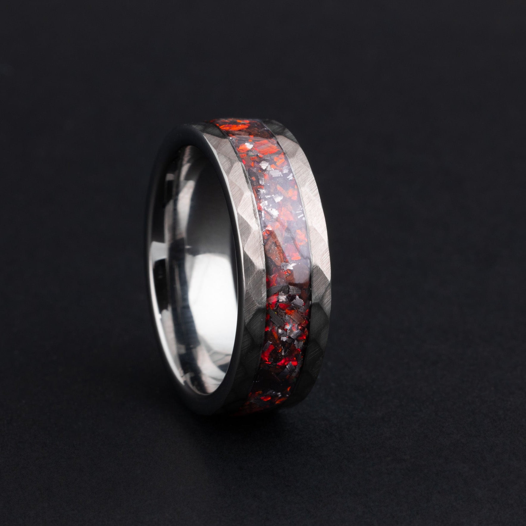 Unique Campo del Cielo meteorite shavings and vibrant red opal inlay in a 8mm tungsten band.