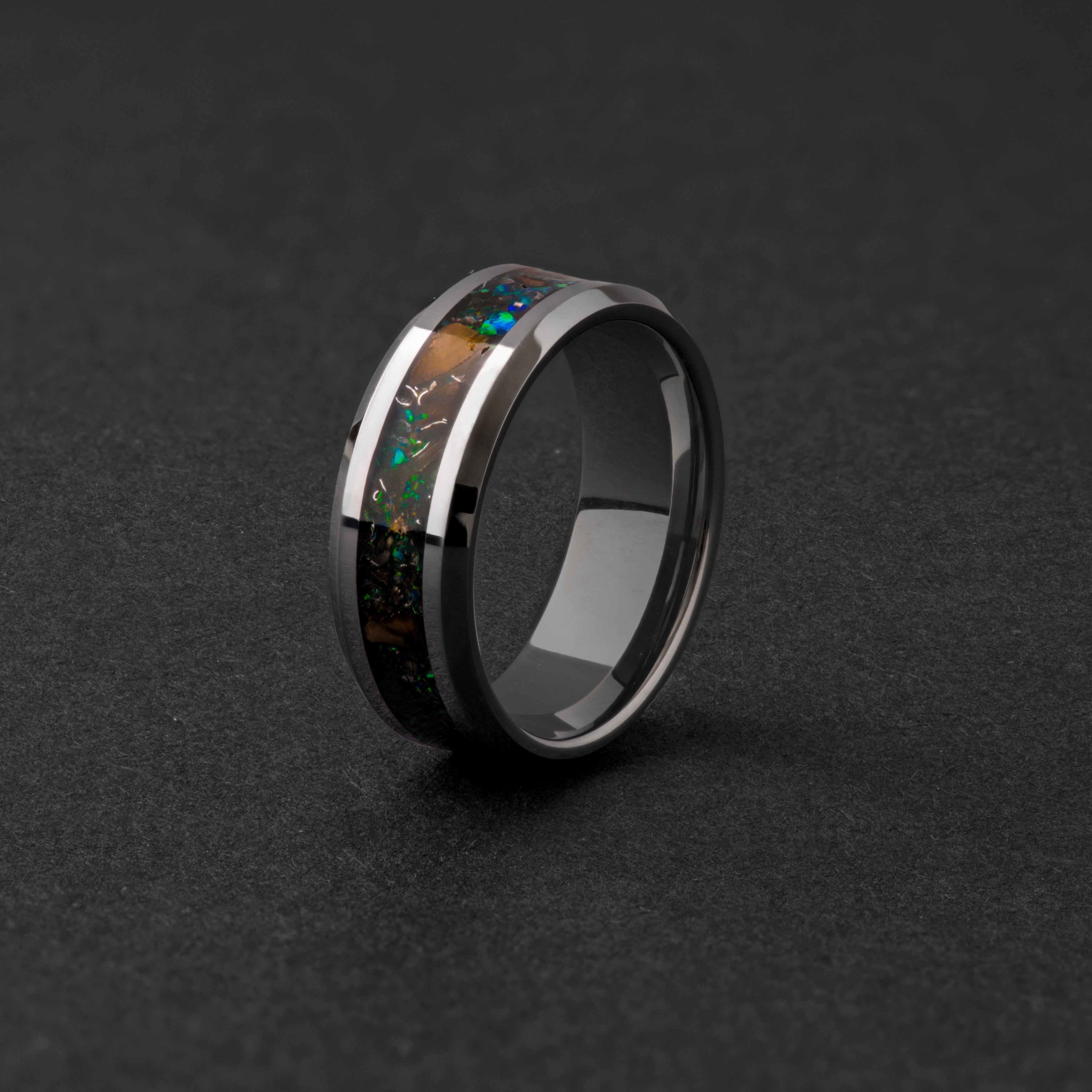 8mm beveled tungsten ring with authentic T-Rex bone and Campo del Cielo meteorite in green opal inlay