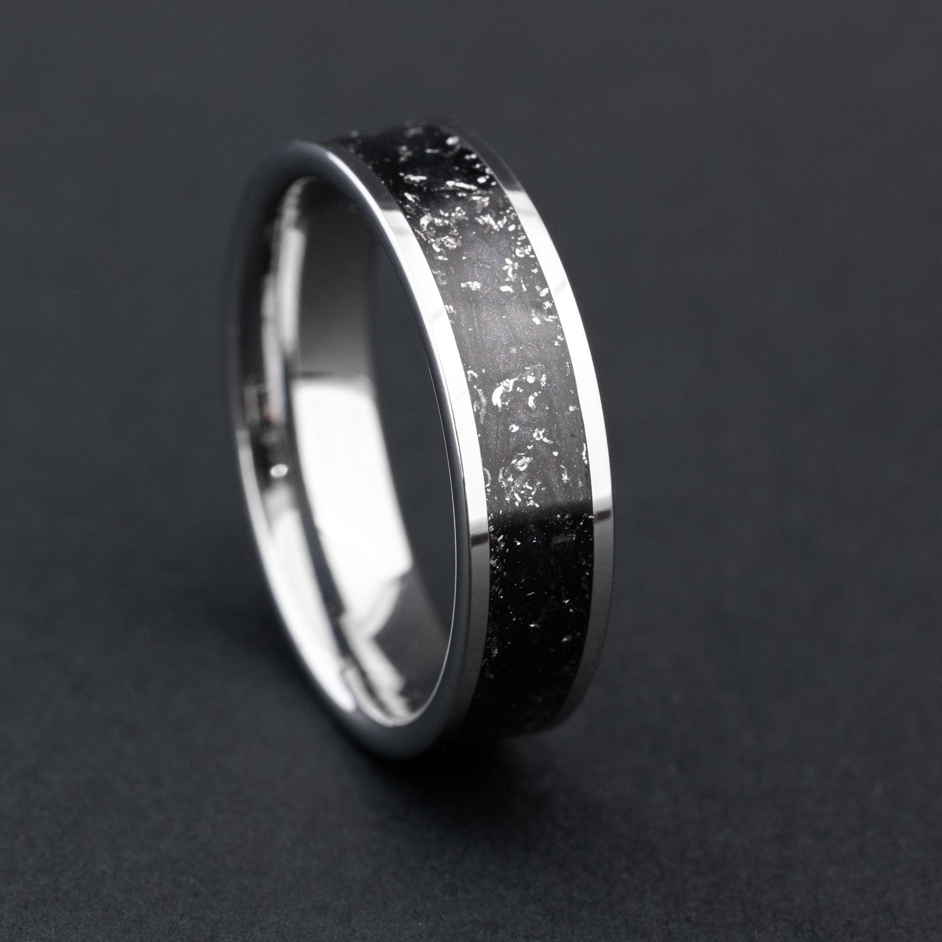 tungsten ring with authentic Gibeon meteorite and black resin inlay.