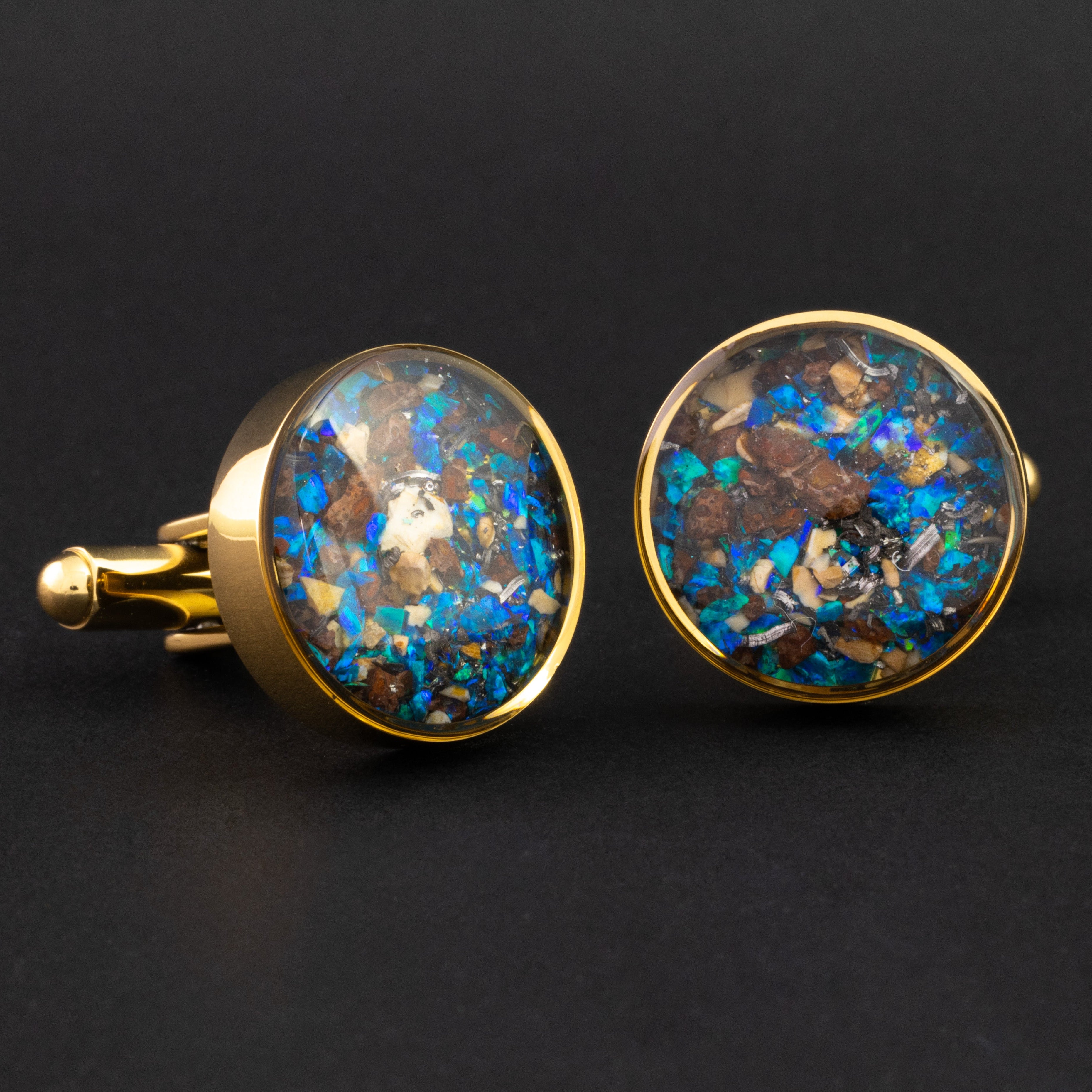 Blue Dinosaur Cufflinks authentic gold-tone stainless steel mens cufflinks with Campo Del Cielo meteorite, real dinosaur bone, crushed dinosaur gembone, and blue opal inlay