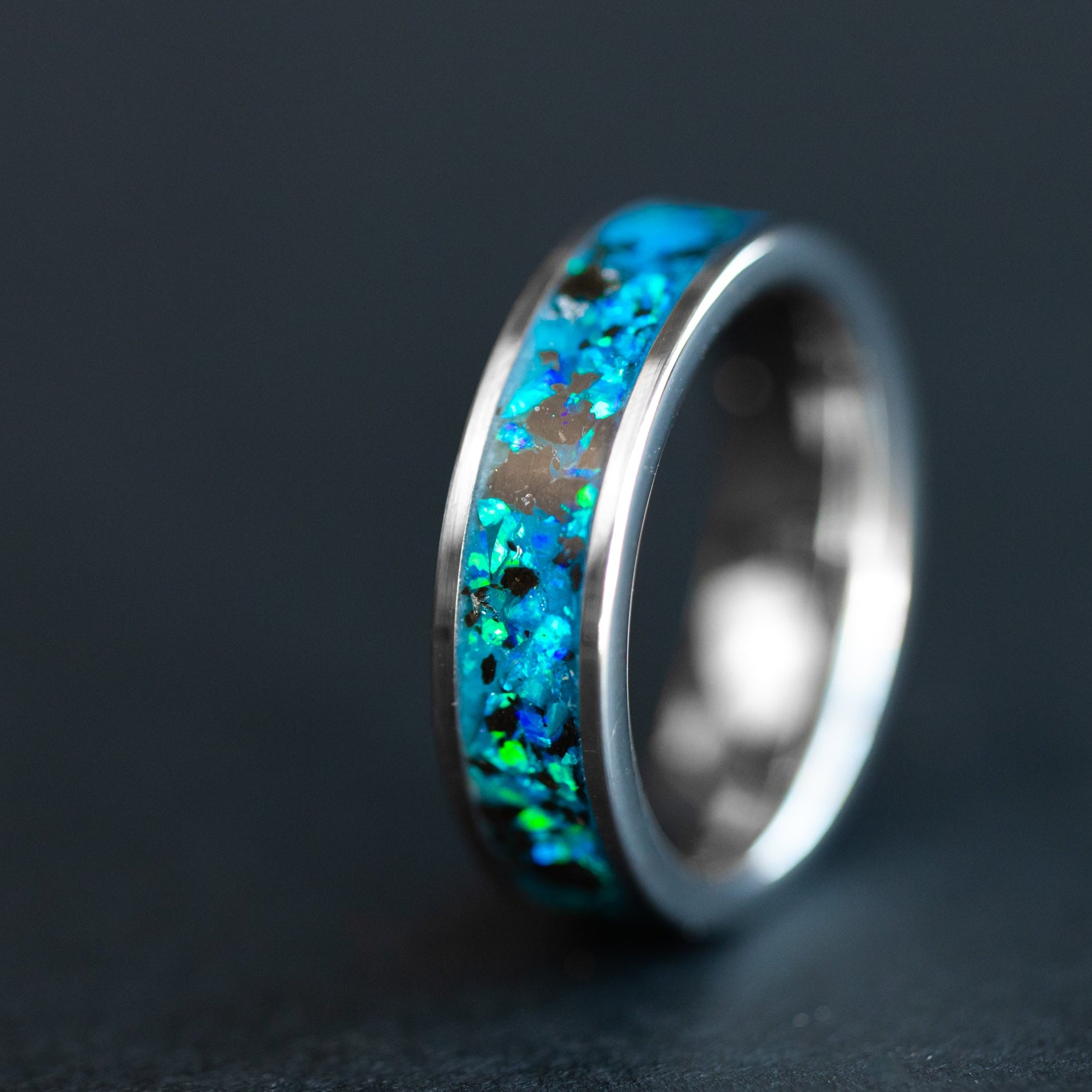 6mm wide channel tungsten ring with authentic Megalodon shark tooth fossil and blue opal inlay