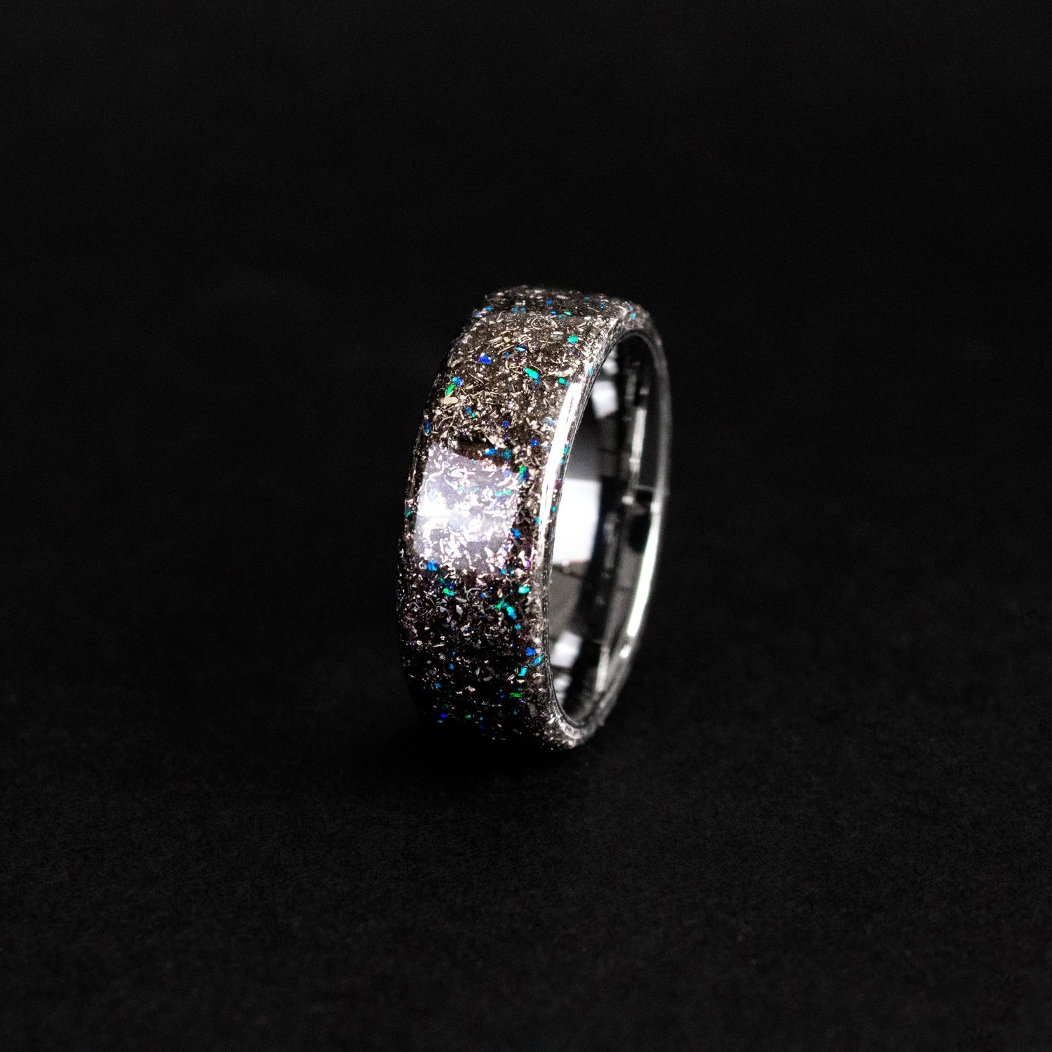 8mm endless tungsten ring with authentic Campo del Cielo meteorite shavings and blue opal accents