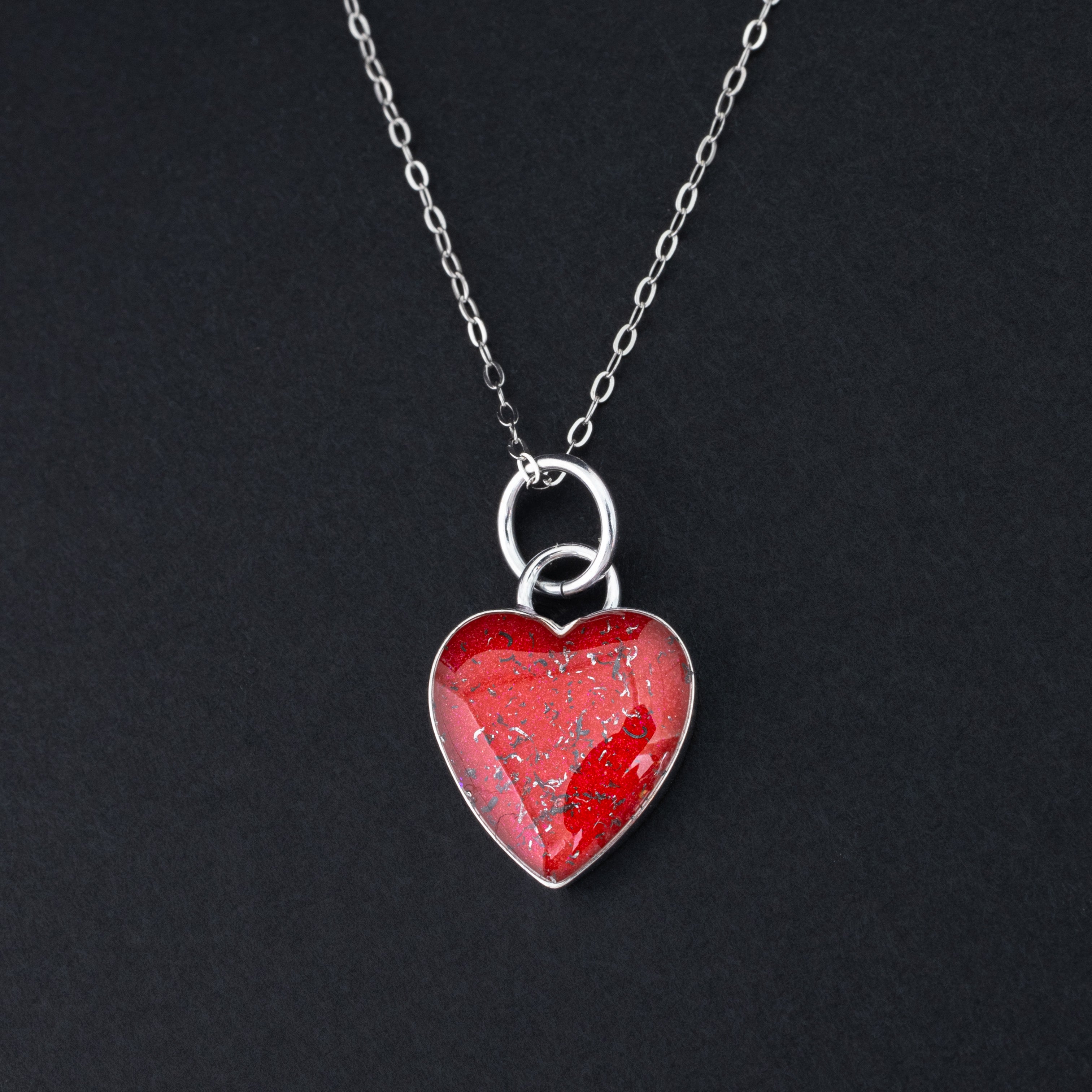 Cherry Pulse authentic silver heart pendant necklace with Campo Del Cielo meteorite and cherry red resin inlay