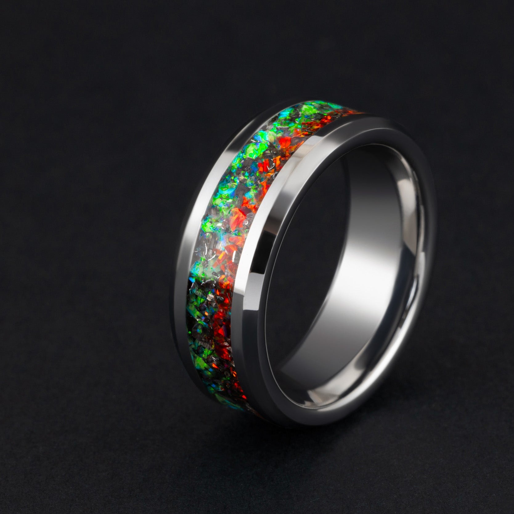8mm beveled tungsten ring with authentic Campo del Cielo meteorite shavings in split red and green opal inlay