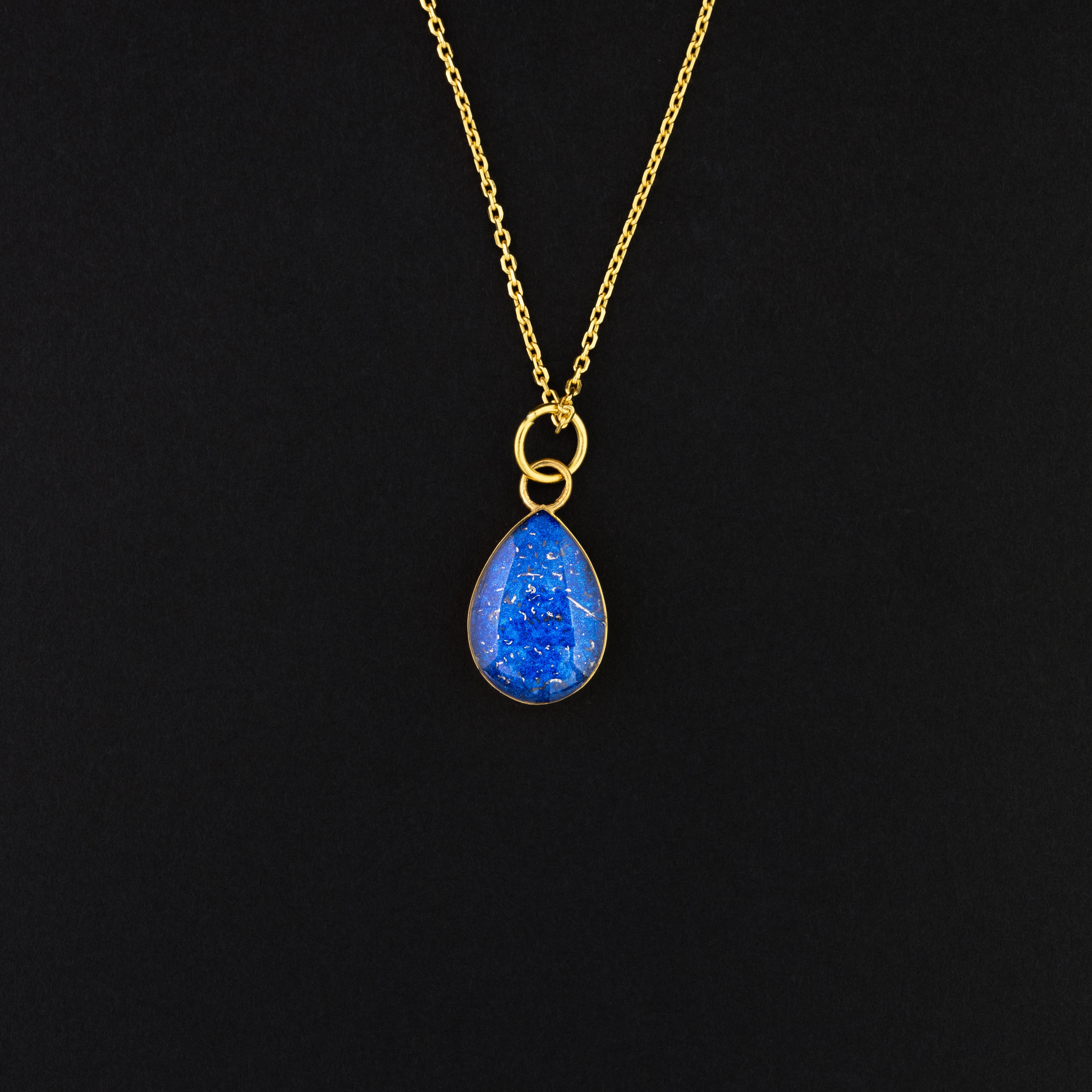 Cobalt Comet authentic gold teardrop pendant necklace with Campo Del Cielo meteorite and blue resin inlay