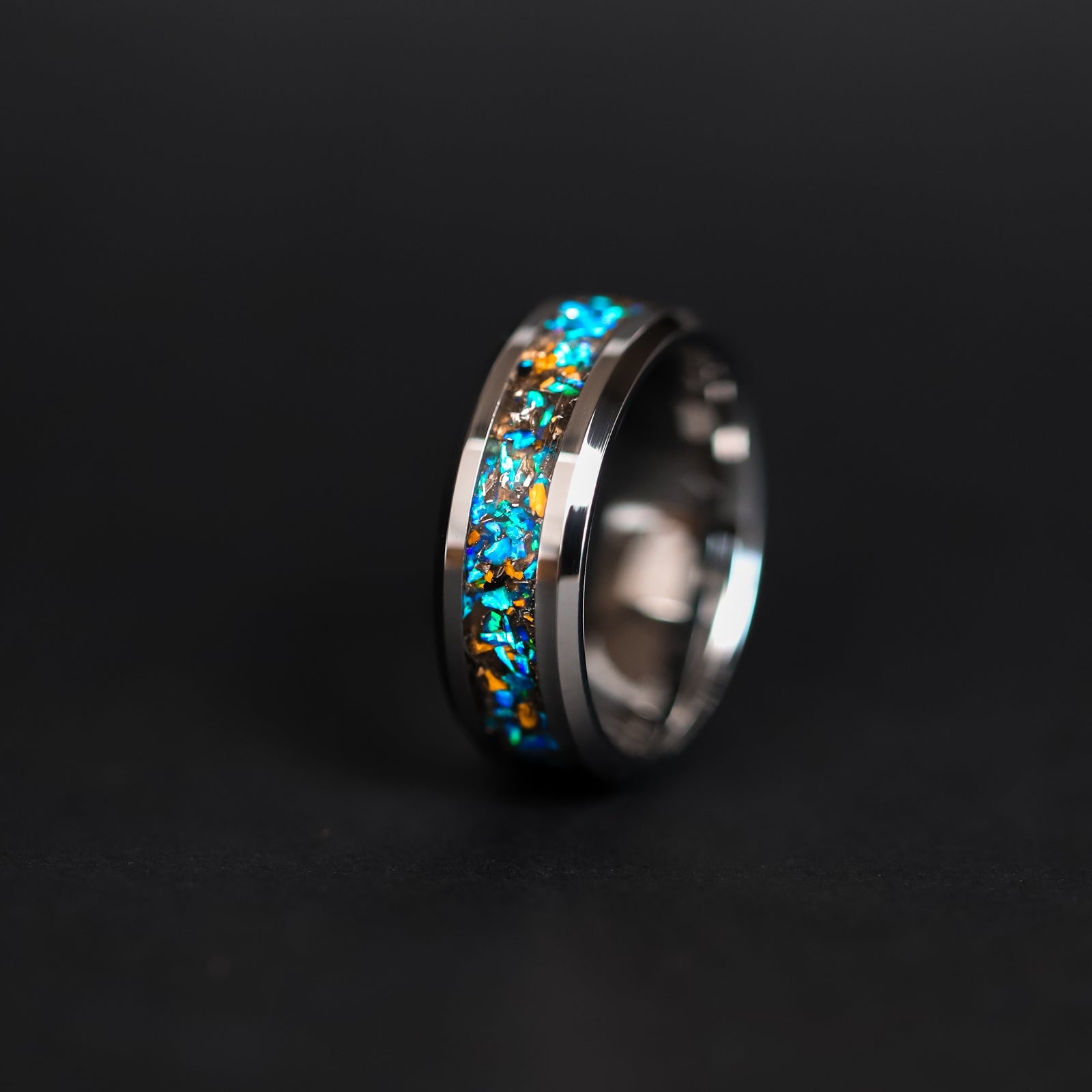 8mm beveled tungsten ring with authentic Velociraptor bone and Campo del Cielo meteorite in blue opal inlay