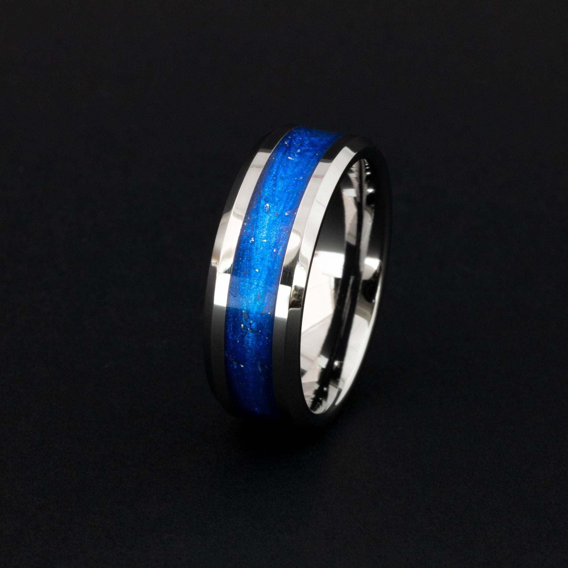8mm beveled tungsten ring with authentic Campo meteorite and vibrant blue resin inlay.