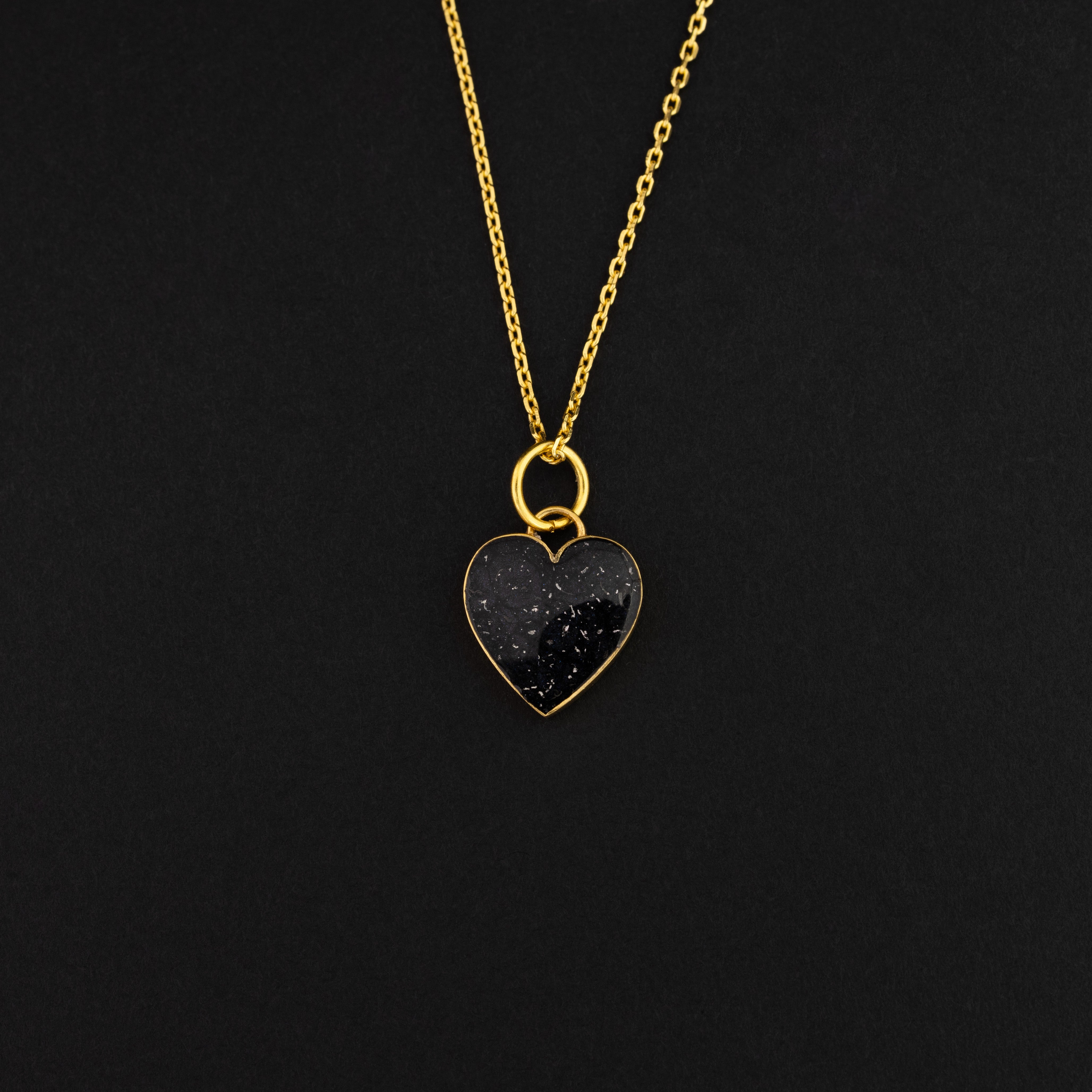 Dark Heart authentic gold heart pendant necklace with Campo Del Cielo meteorite and black resin inlay