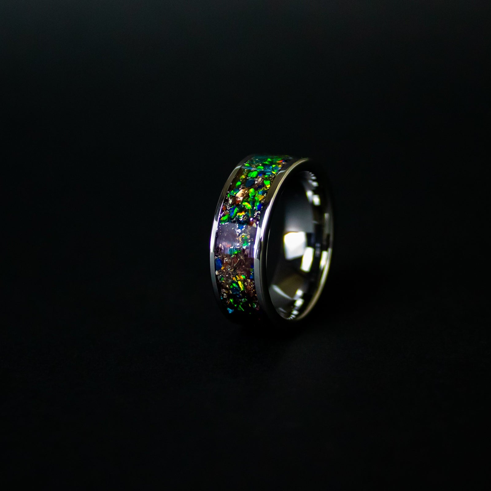 8mm wide channel tungsten ring with authentic Mosasaur bone, Dinosaur Gembone, and Campo del Cielo meteorite in dark green opal inlay
