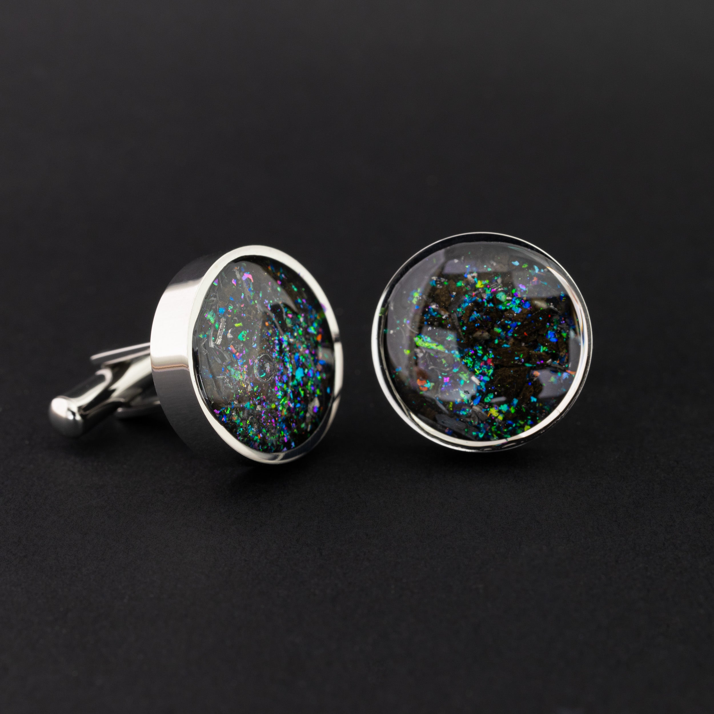 Deep Sea Megalodon Cufflinks authentic silver-tone stainless steel mens cufflinks with real megalodon shark tooth, Campo Del Cielo meteorite, and blue, green, and multicolored glitter inlay