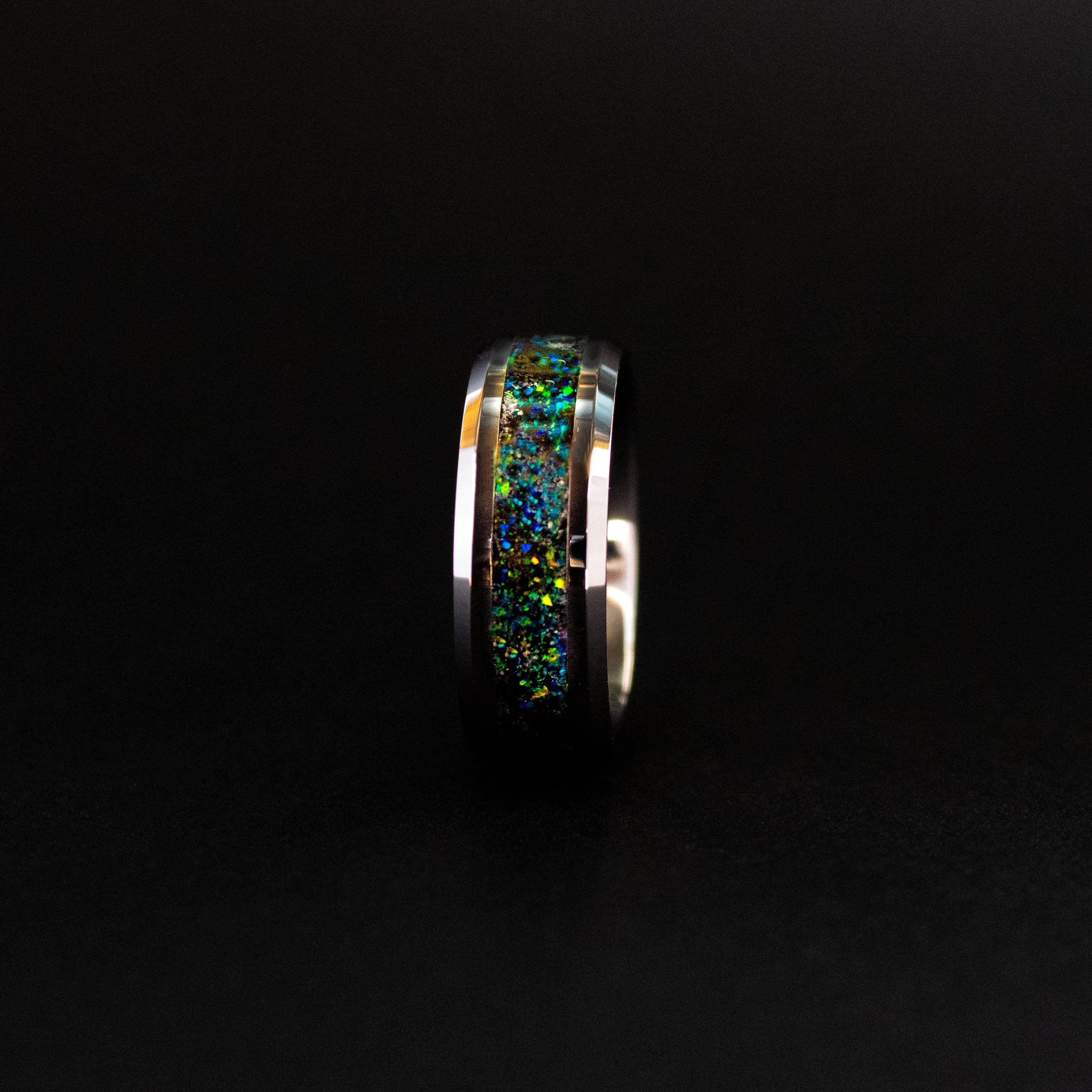 8mm beveled tungsten ring with authentic Megalodon tooth and Campo del Cielo meteorite in blue and green opal inlay with iridescent flakes