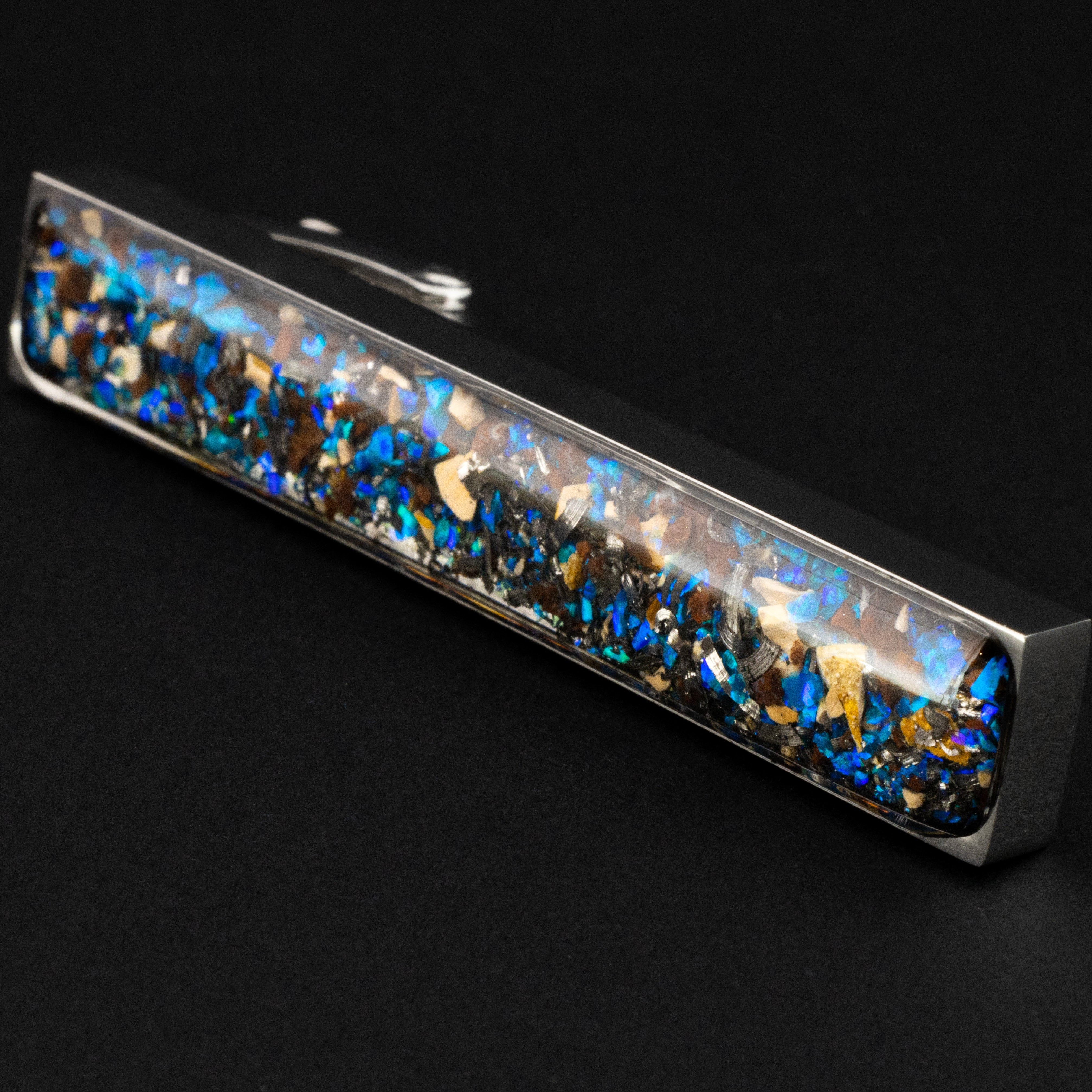 Handcrafted dinosaur fossil and gembone silver-tone stainless steel mens tie clip with Campo Del Cielo meteorite, real dinosaur bone, and blue opal inlay, ideal as wedding or groomsmen tie clip