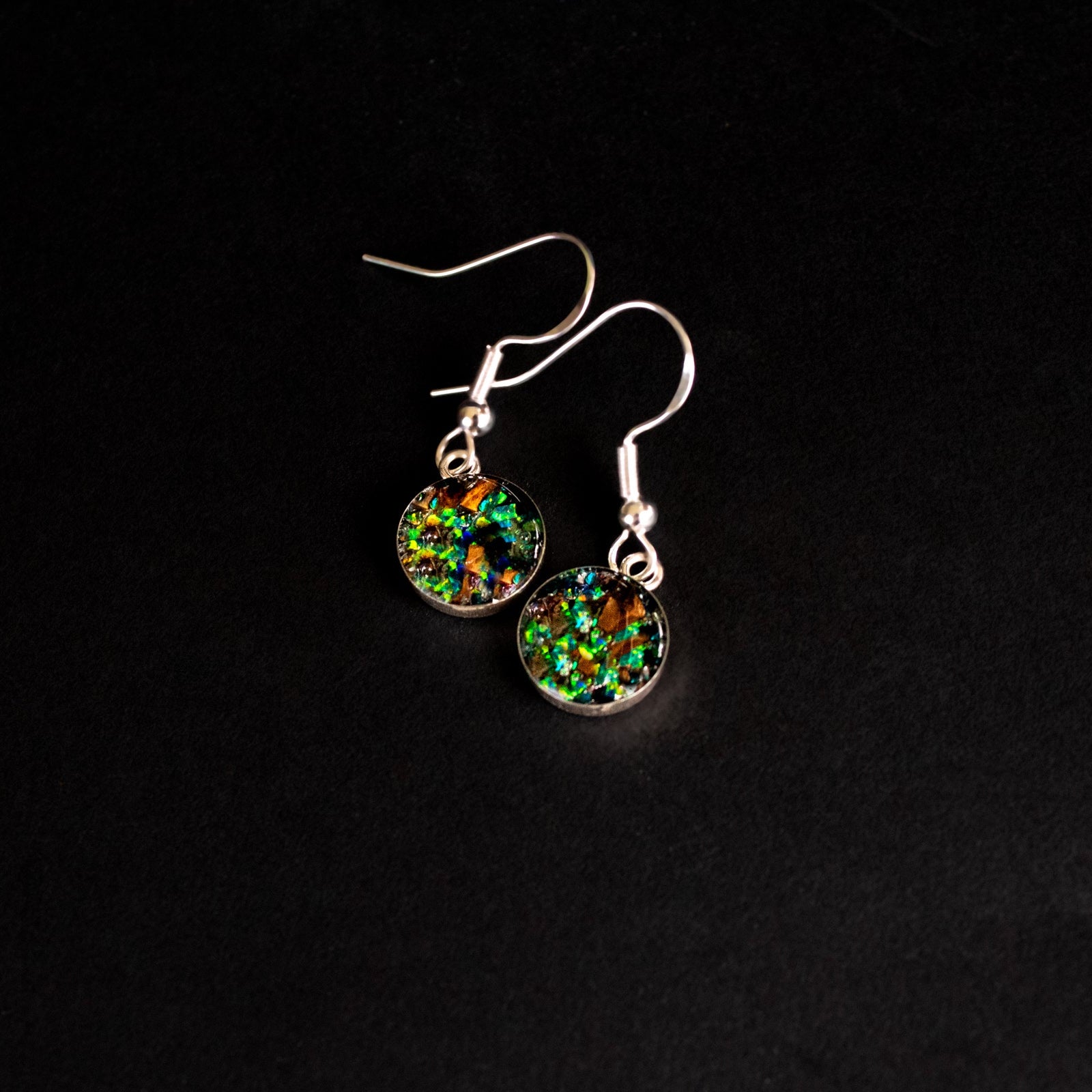 Emerald TRex Dangle authentic silver dangle earrings with Campo Del Cielo meteorite, real T-Rex fossil bone, and vivid green opal inlay