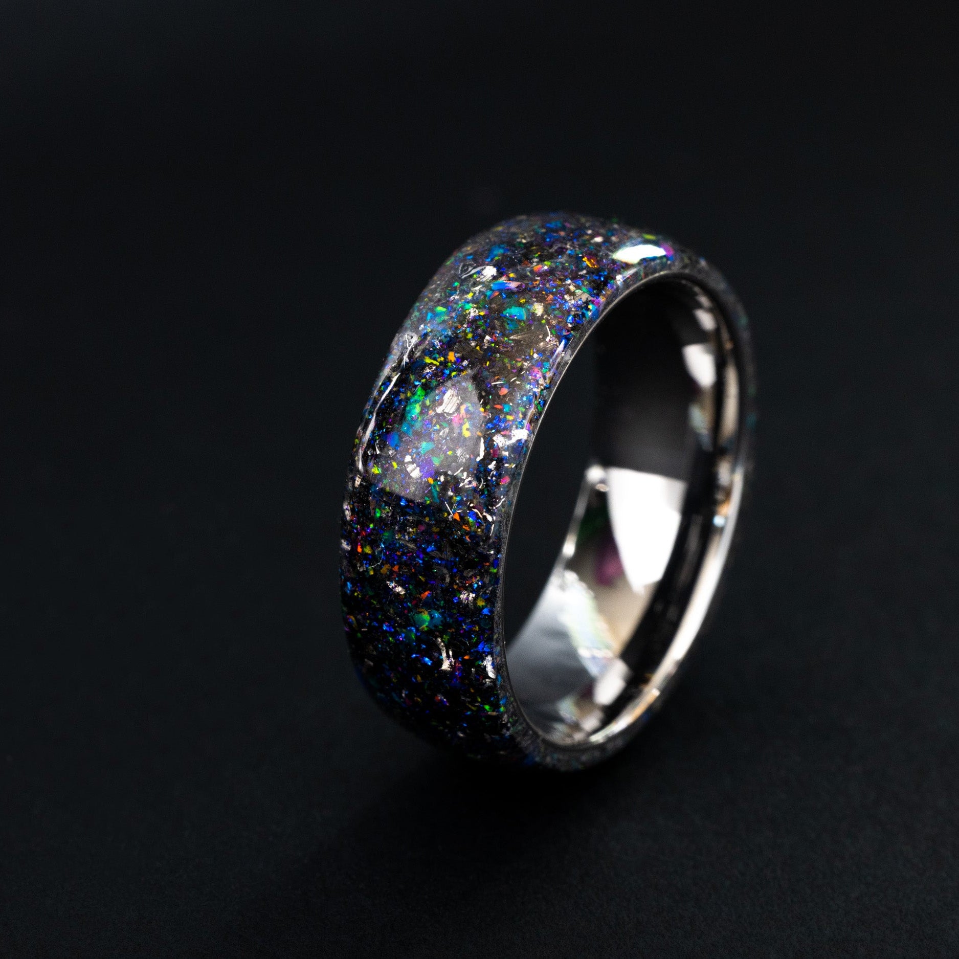 Endless silver tungsten ring with authentic meteorite and iridescent purple and blue nebula inlay.