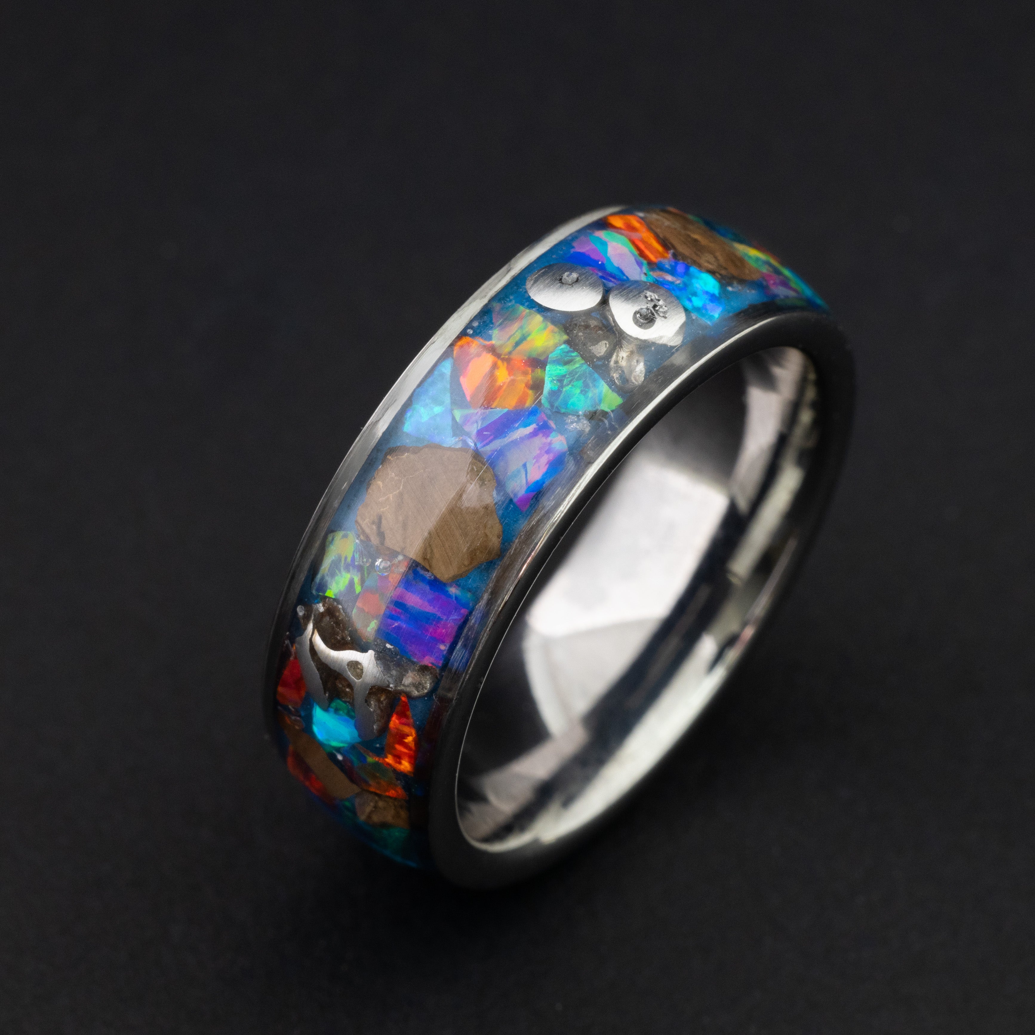 epic-rex-spectrum-trex-fossil-meteorite-multi-color-opal-tungsten-ring