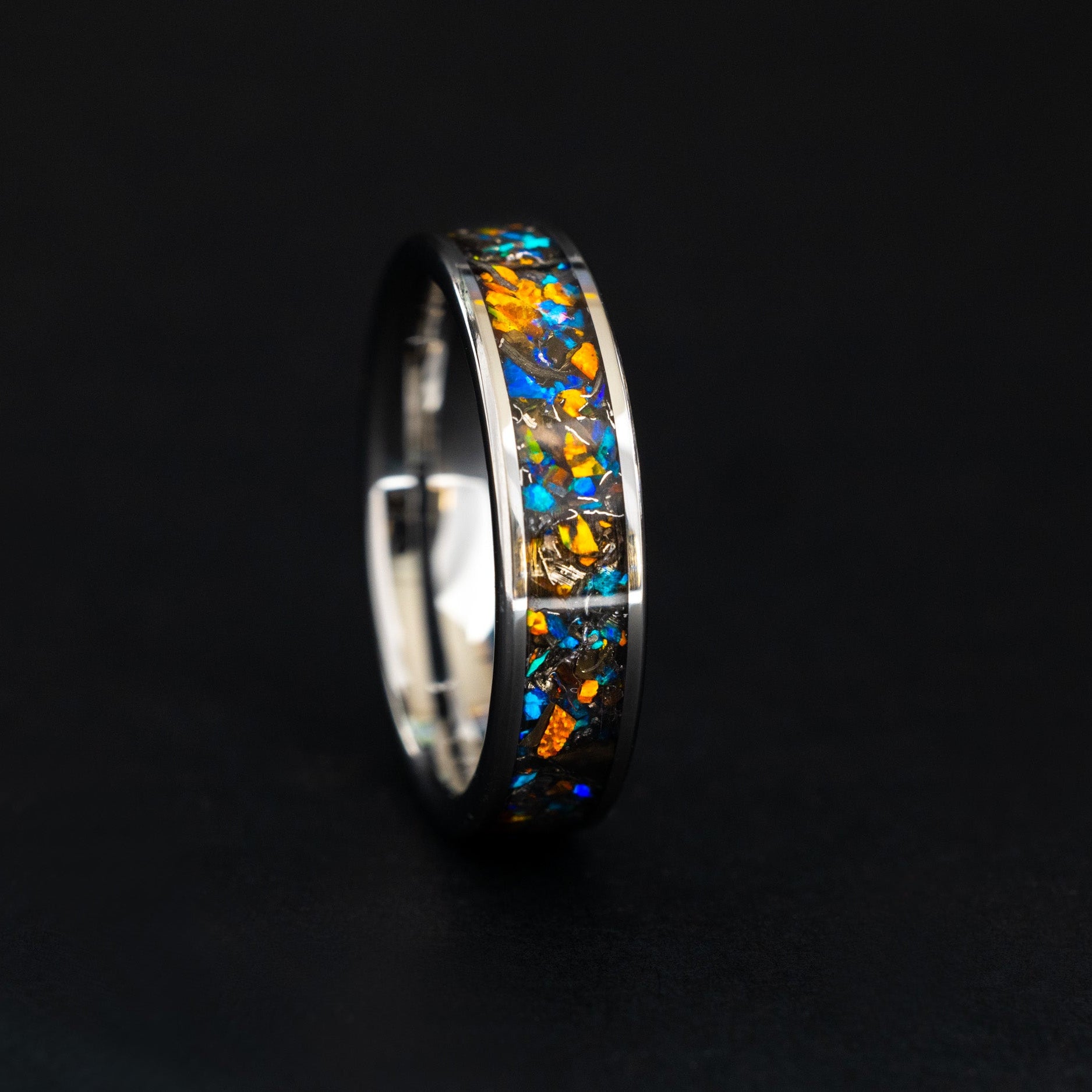 6mm tungsten wedding band featuring celestial meteorite fragments and dual-tone opal.