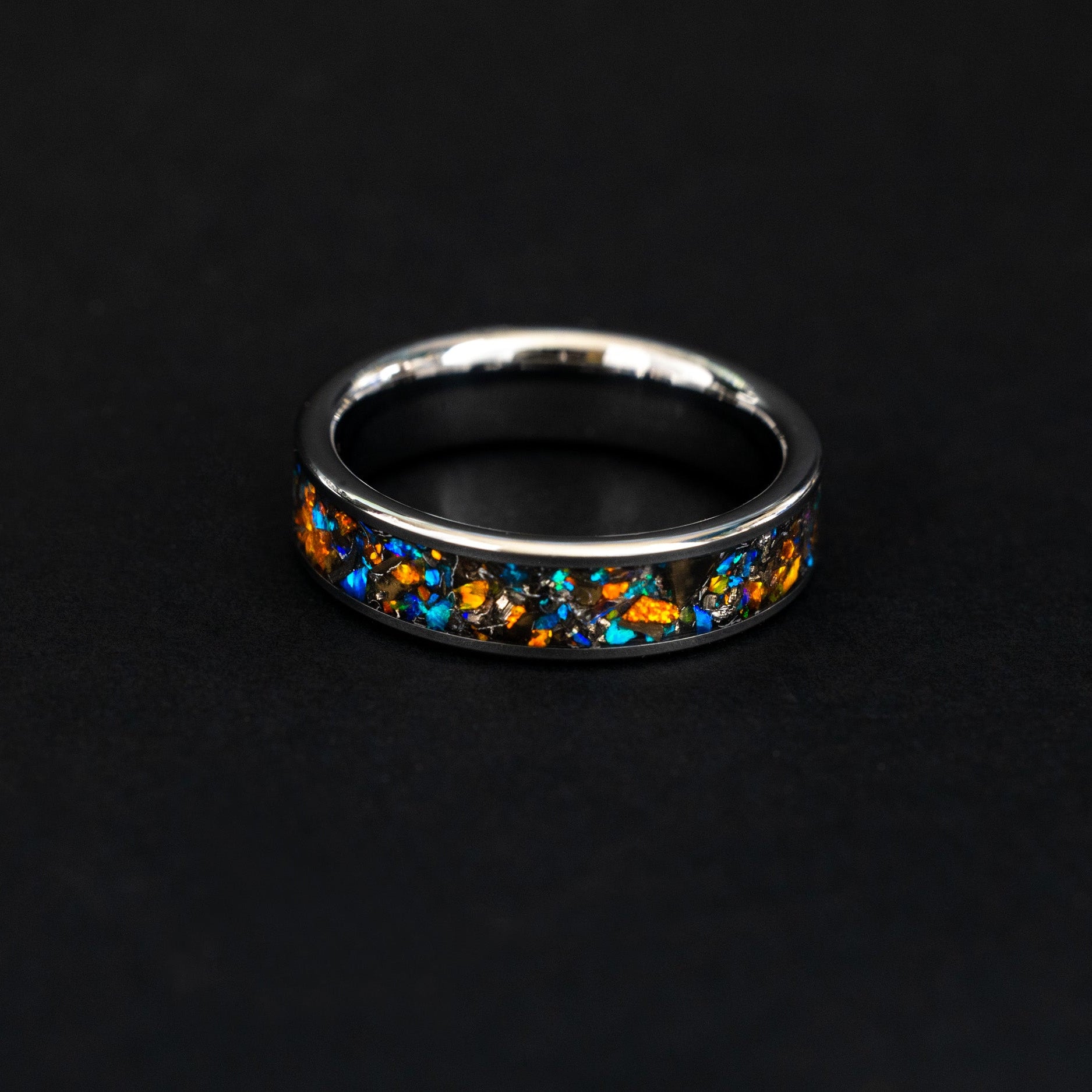 6mm silver tungsten ring with authentic meteorite and blue and orange opal inlay.