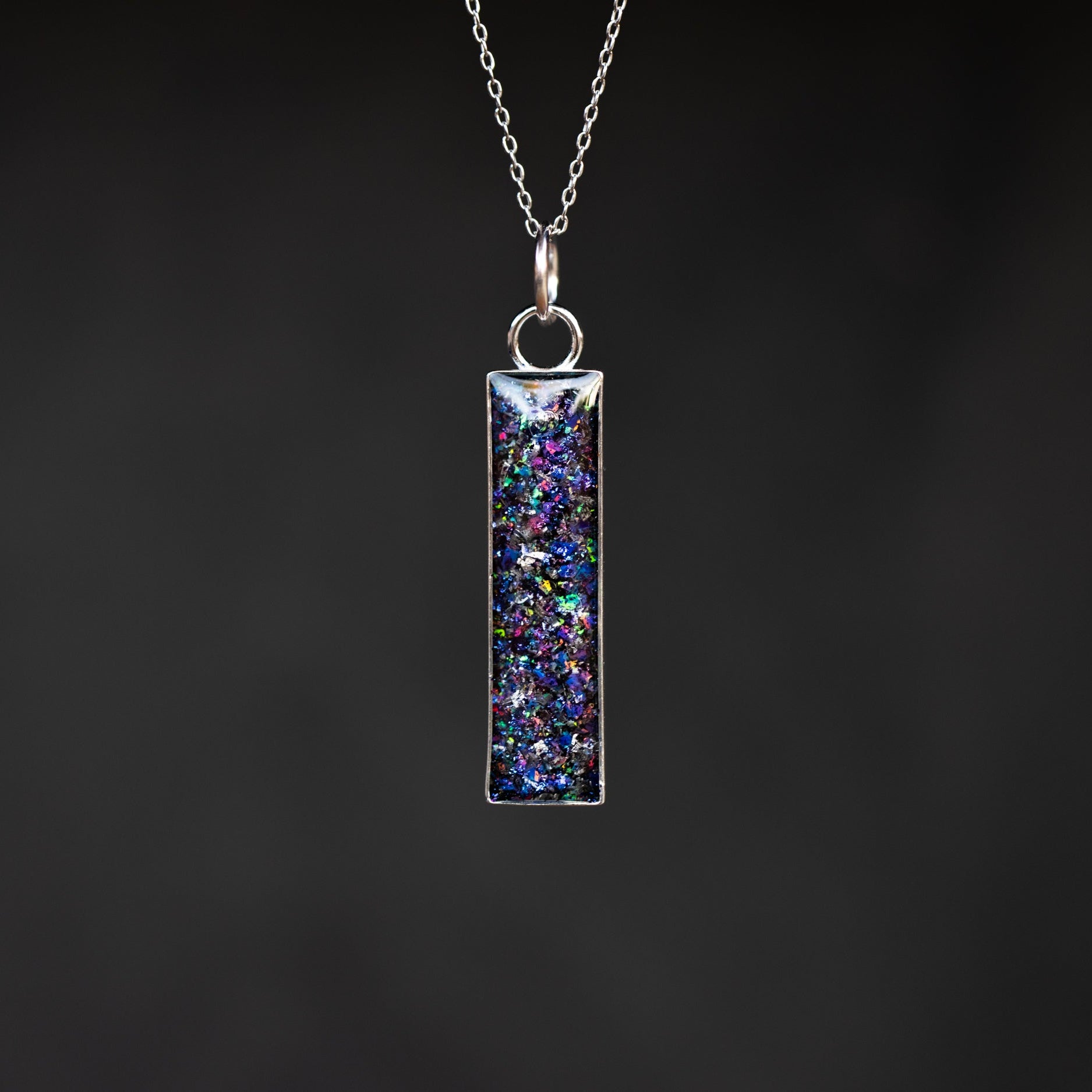 Galaxy Bar Silver authentic silver bar pendant necklace with Campo Del Cielo meteorite and blue and purple opal inlay