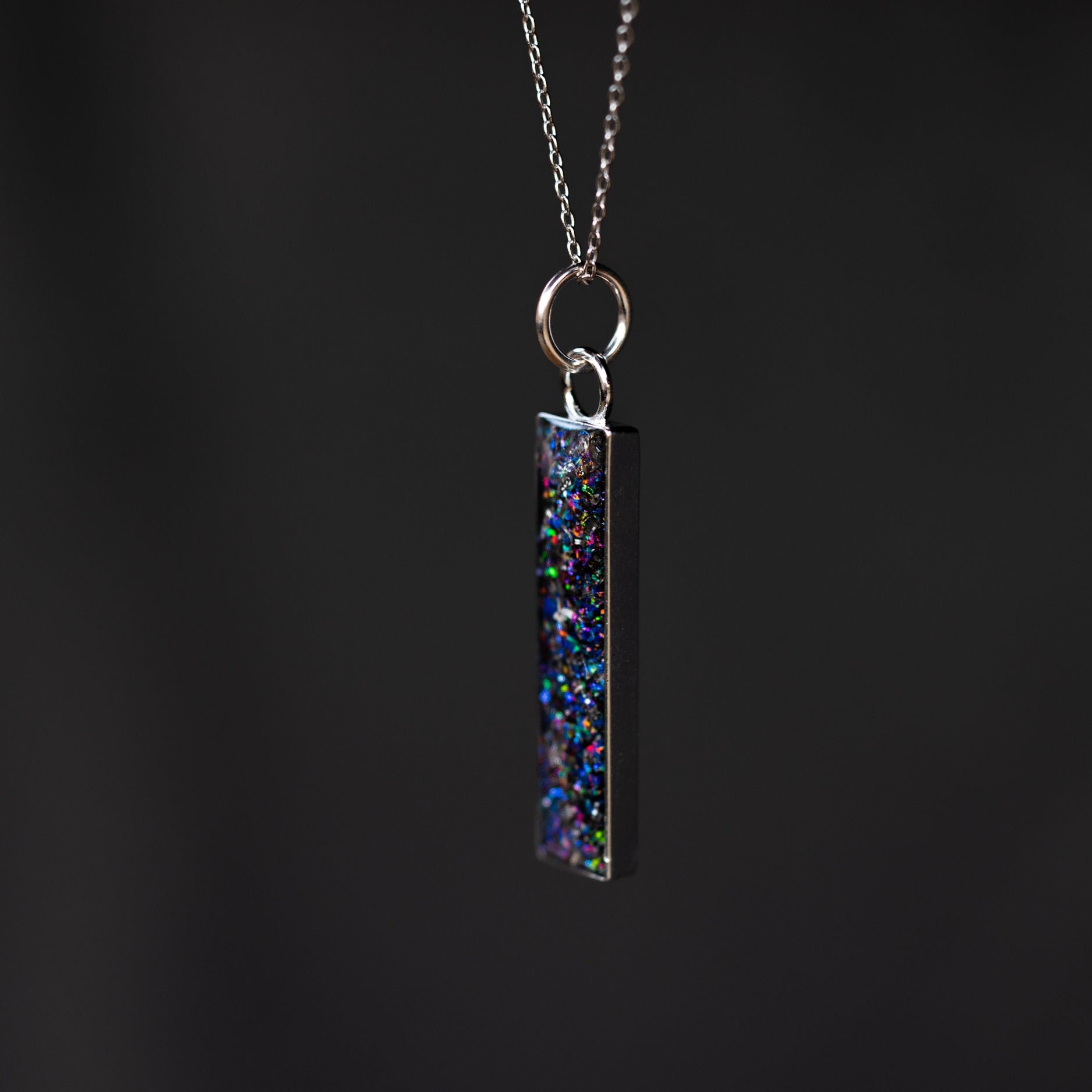 Galaxy Bar Silver authentic silver bar pendant necklace with Campo Del Cielo meteorite and blue and purple opal inlay