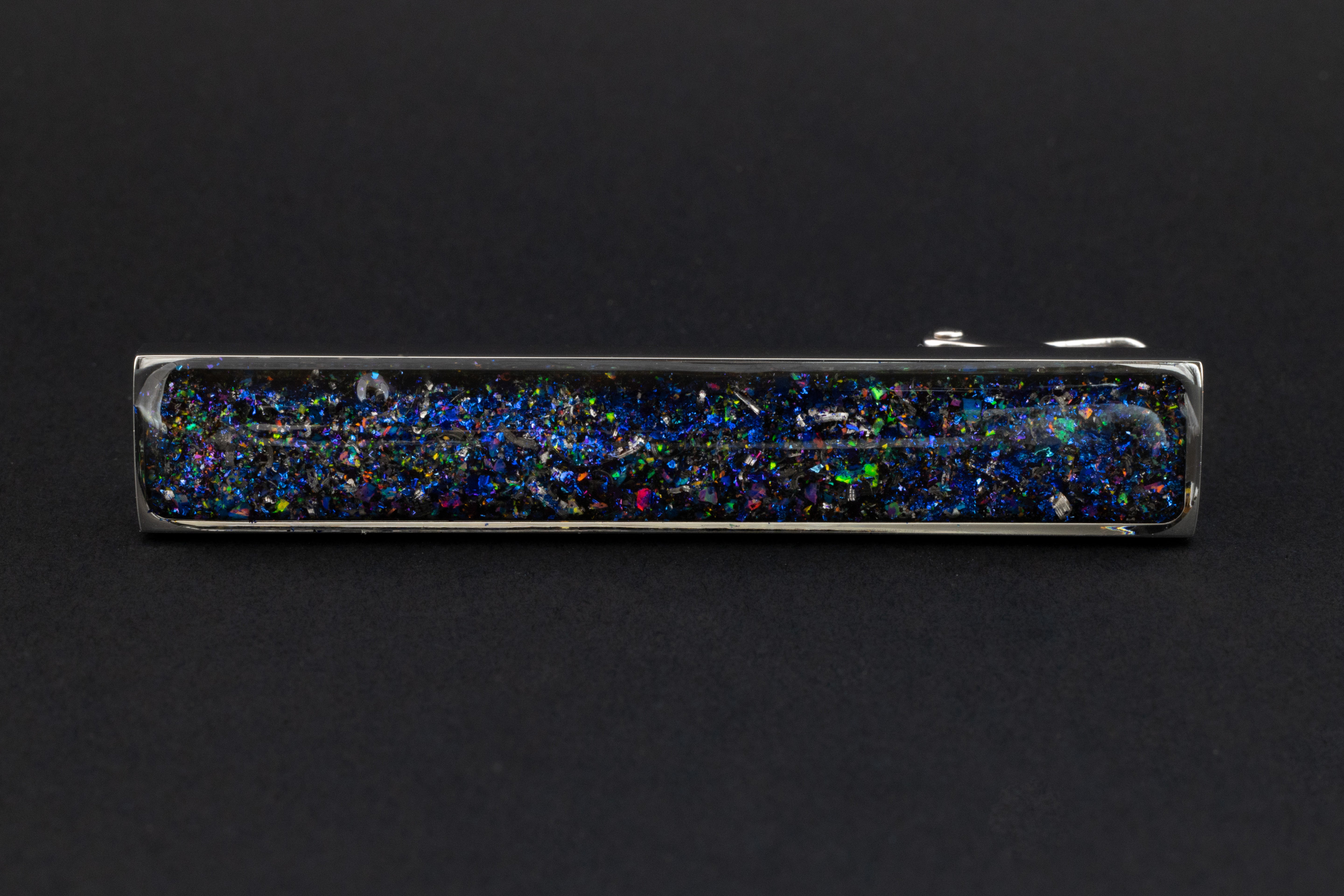 Galaxy Tie Clip authentic silver-tone stainless steel mens tie clip with Campo Del Cielo meteorite and a multicolor opal and pigment glitter galaxy inlay