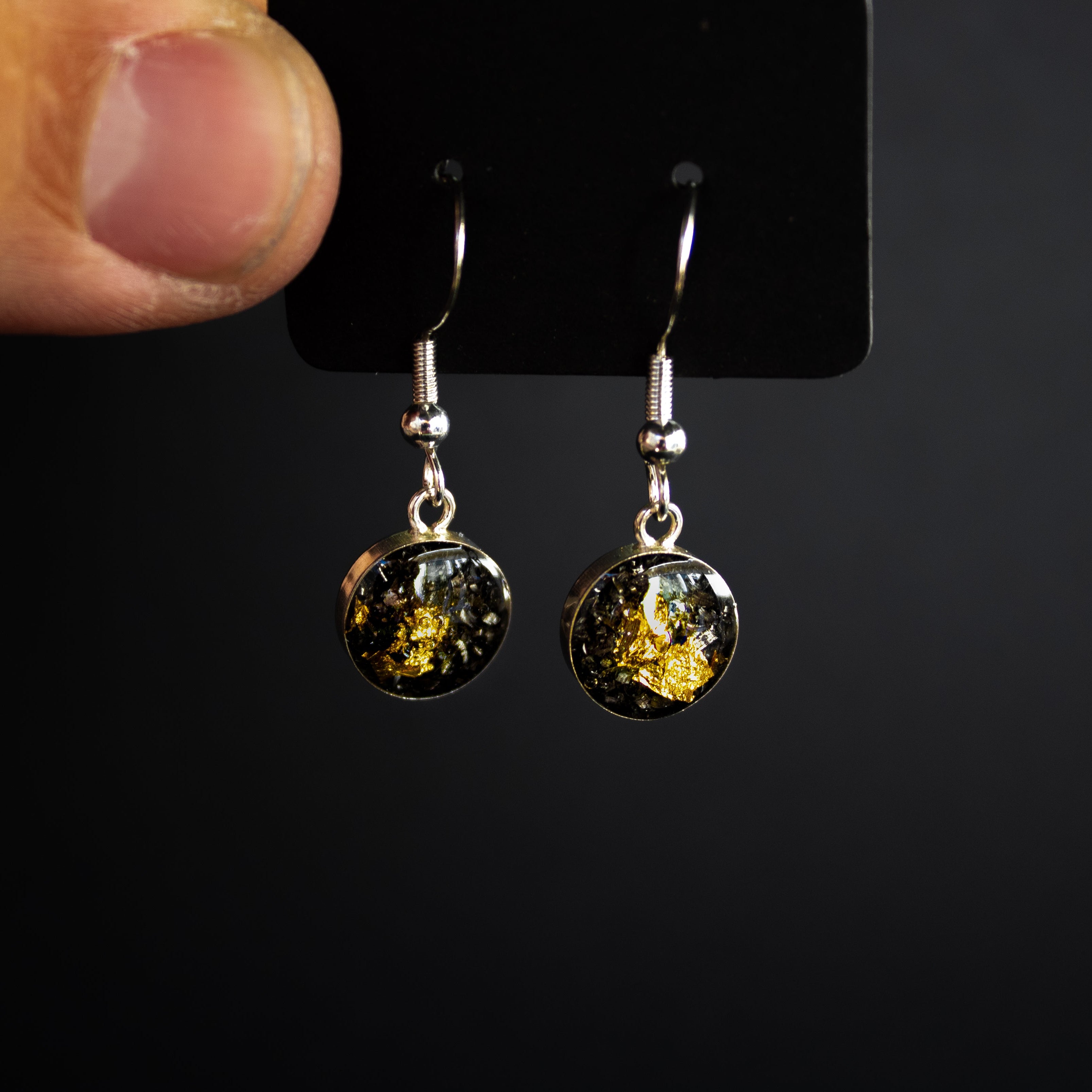 Gold Comet Dangle authentic silver dangle earrings with Campo Del Cielo meteorite and gold leaf inlay