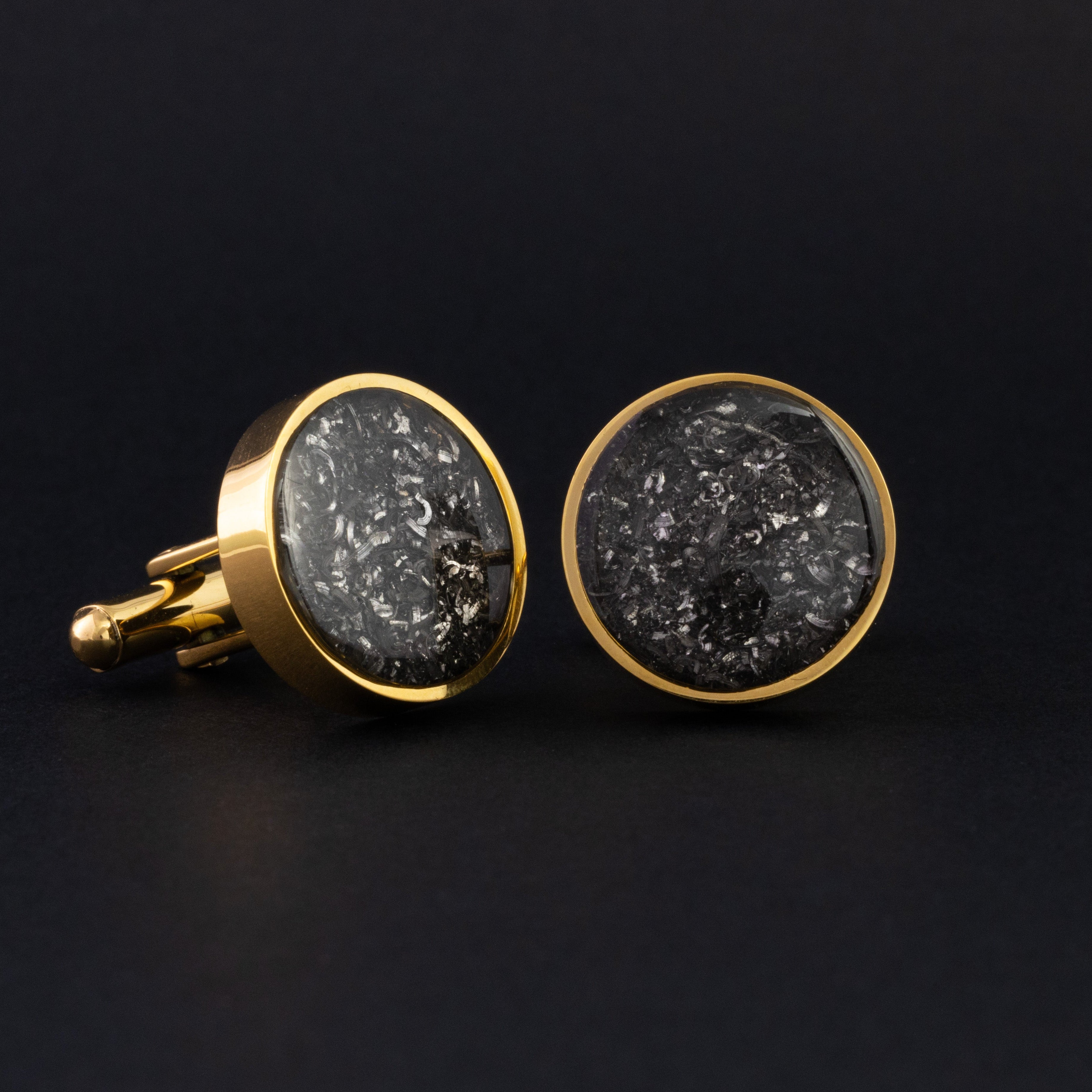 Close-up of the Gold Meteorite Cufflinks showing Campo Del Cielo iron meteorite set in polished gold-tone stainless steel