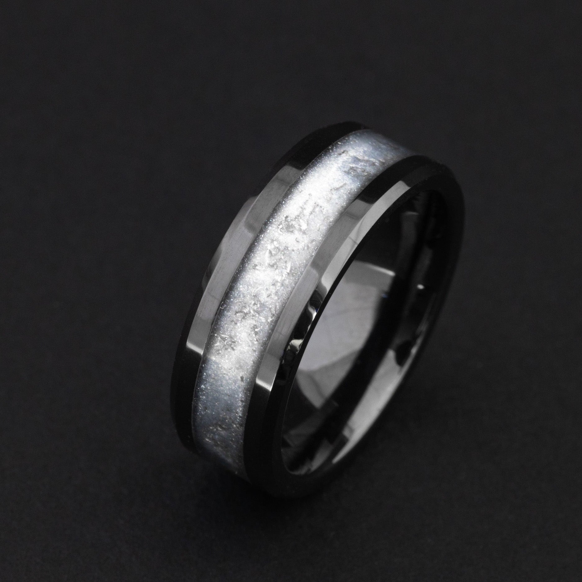8mm ceramic wedding band featuring celestial Gibeon fragments and light gray inlay.