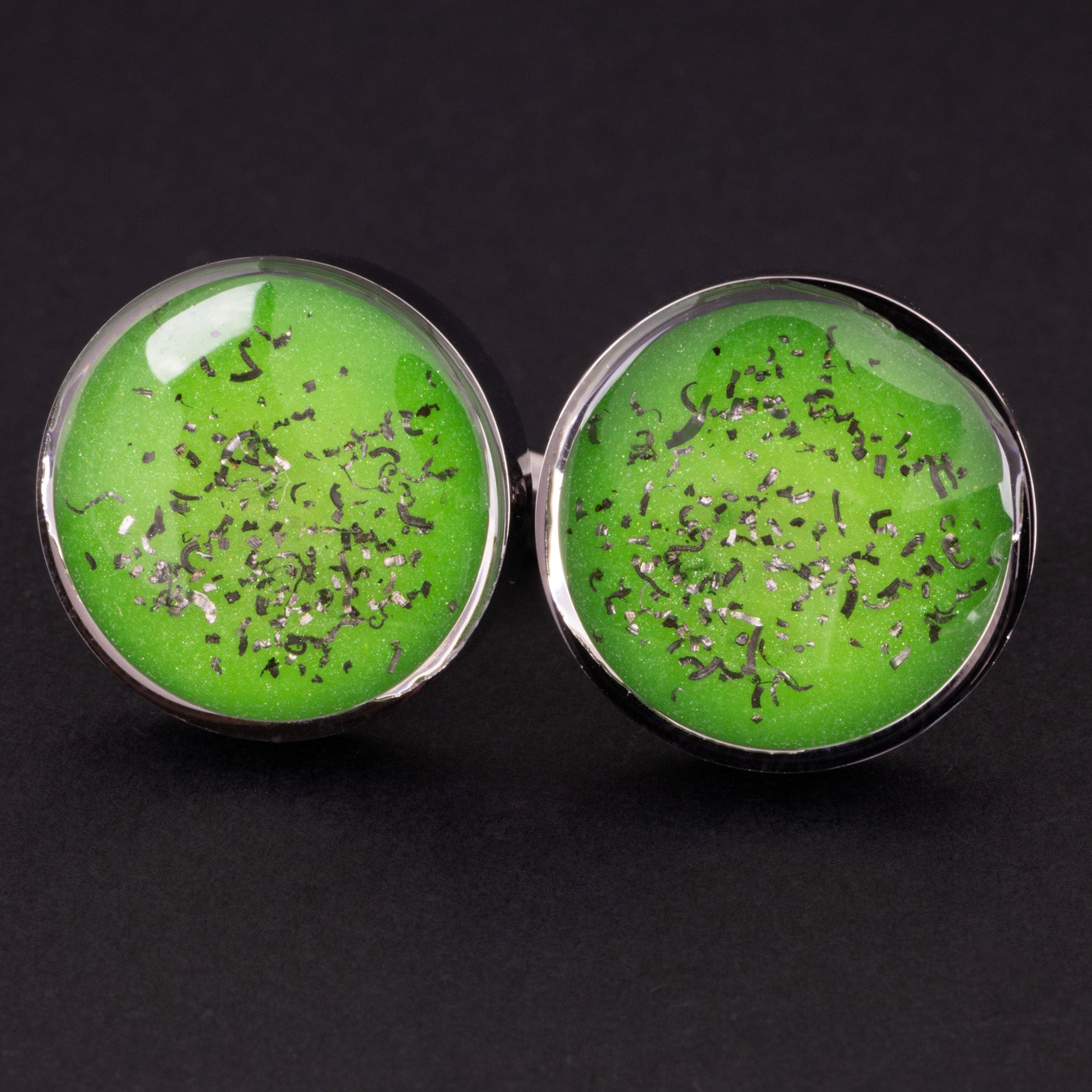 Green Meteorite Cufflinks authentic stainless steel mens cufflinks with Campo Del Cielo meteorite and lime green resin inlay