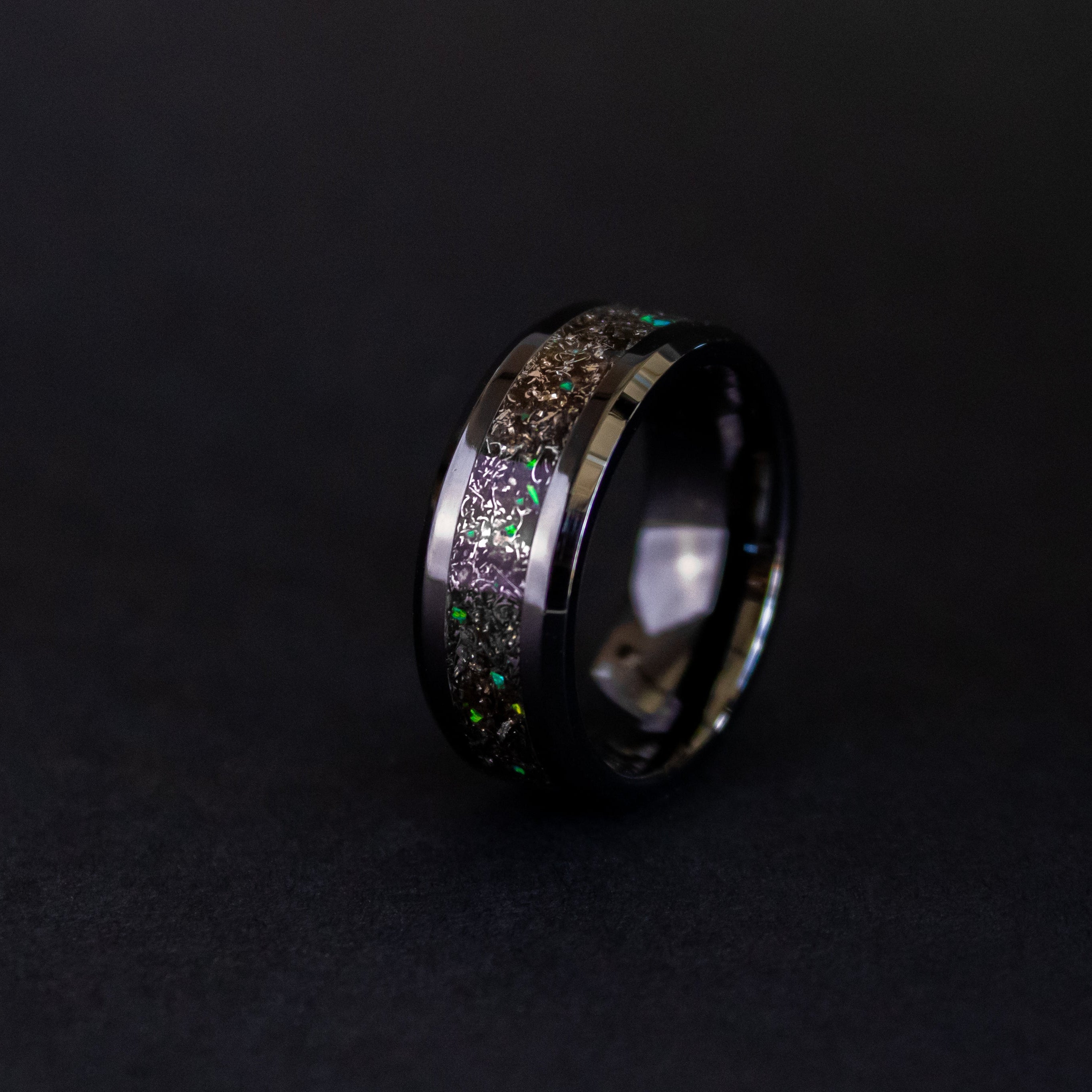 8mm beveled black ceramic ring with authentic Gibeon meteorite shavings and green opal accents