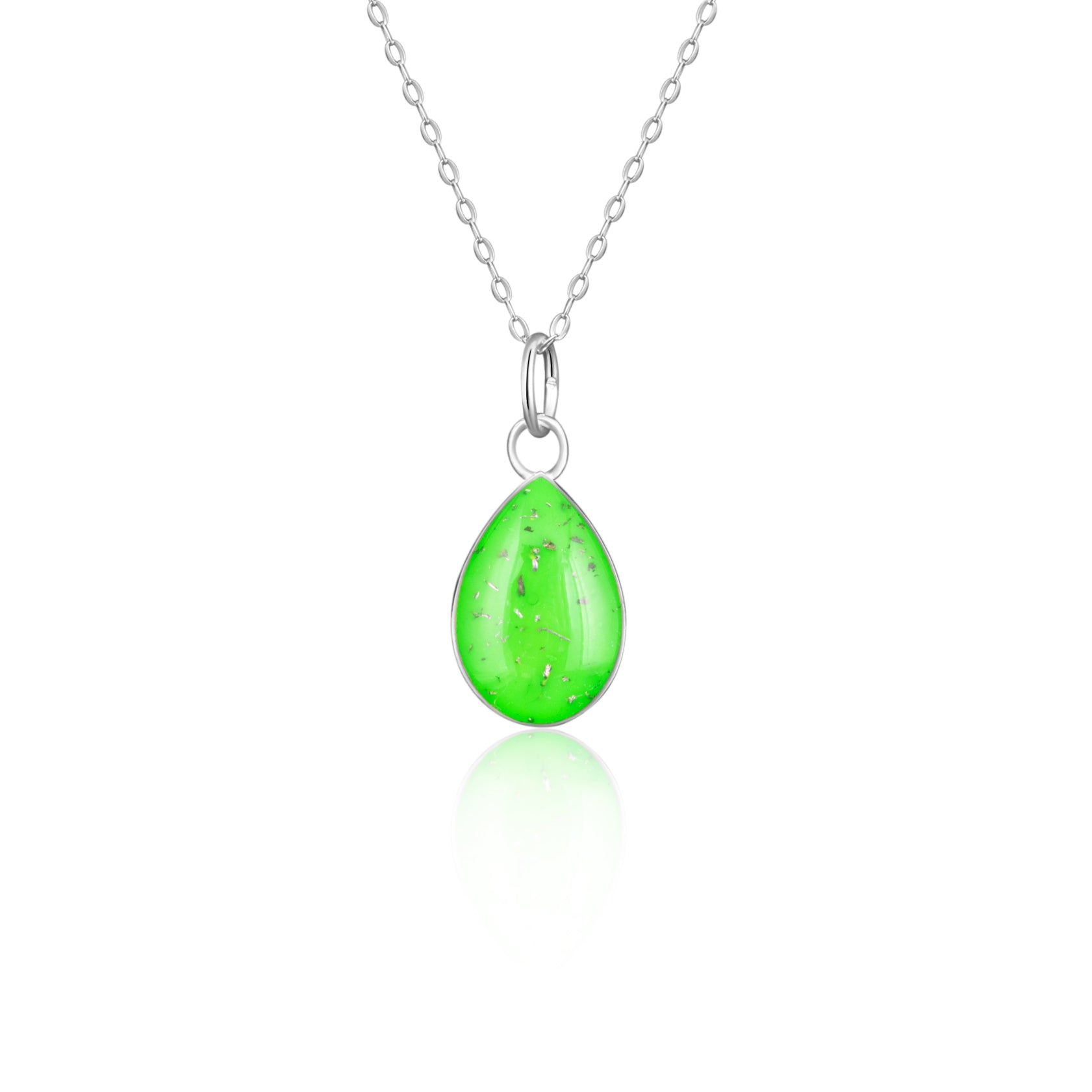 Lime Comet teardrop pendant in sterling silver with Campo Del Cielo meteorite and lime green resin inlay