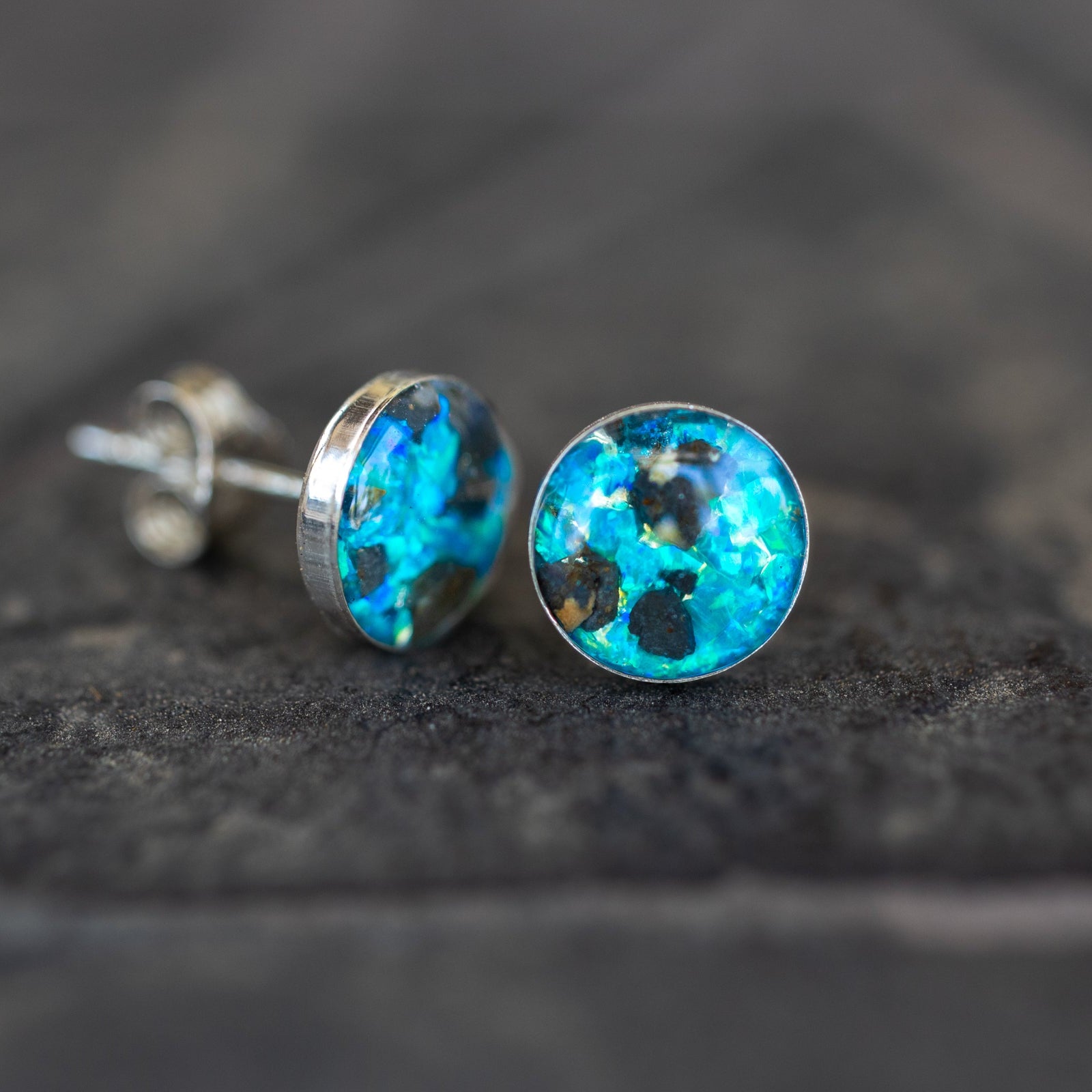 Authentic lunar meteorite and blue opal stud earrings in sterling silver. A real piece of the Moon in handcrafted earrings from our California studio.