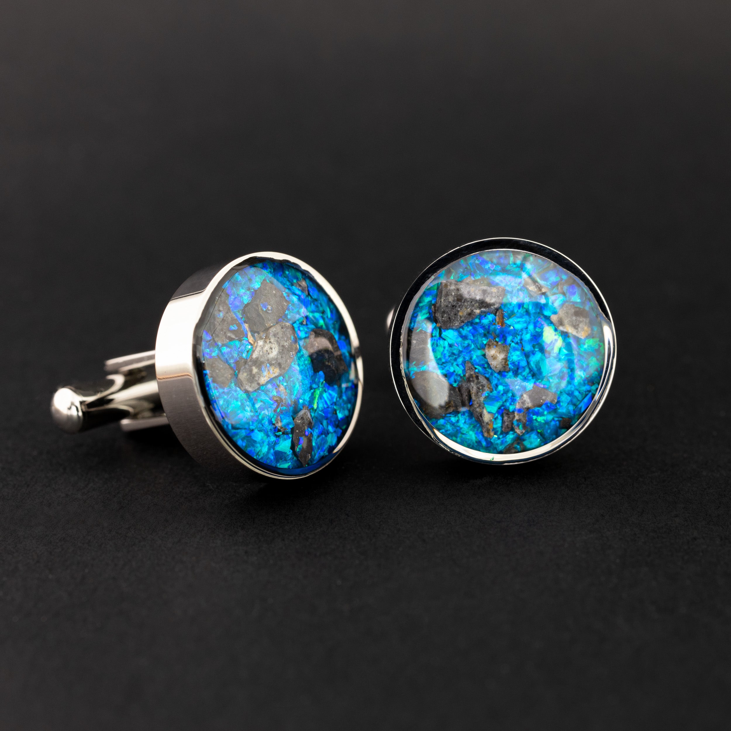 Lunar Meteorite Cufflinks authentic silver-tone stainless steel mens cufflinks with real lunar meteorite and vivid blue opal inlay