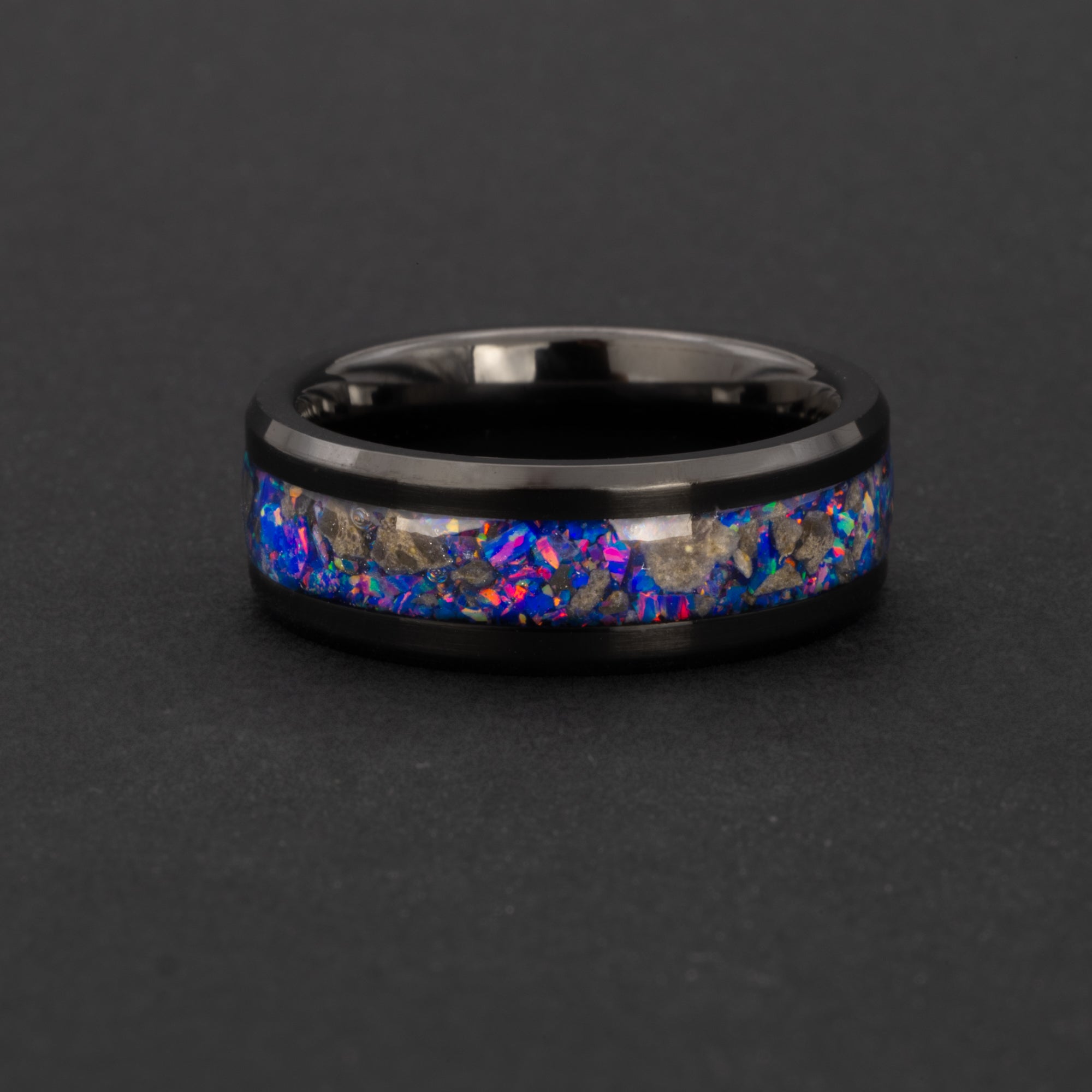 Handcrafted lunar meteorite and Midnight Opal 8mm beveled black ceramic mens wedding band with real Moon rock and proprietary purple blue opal inlay