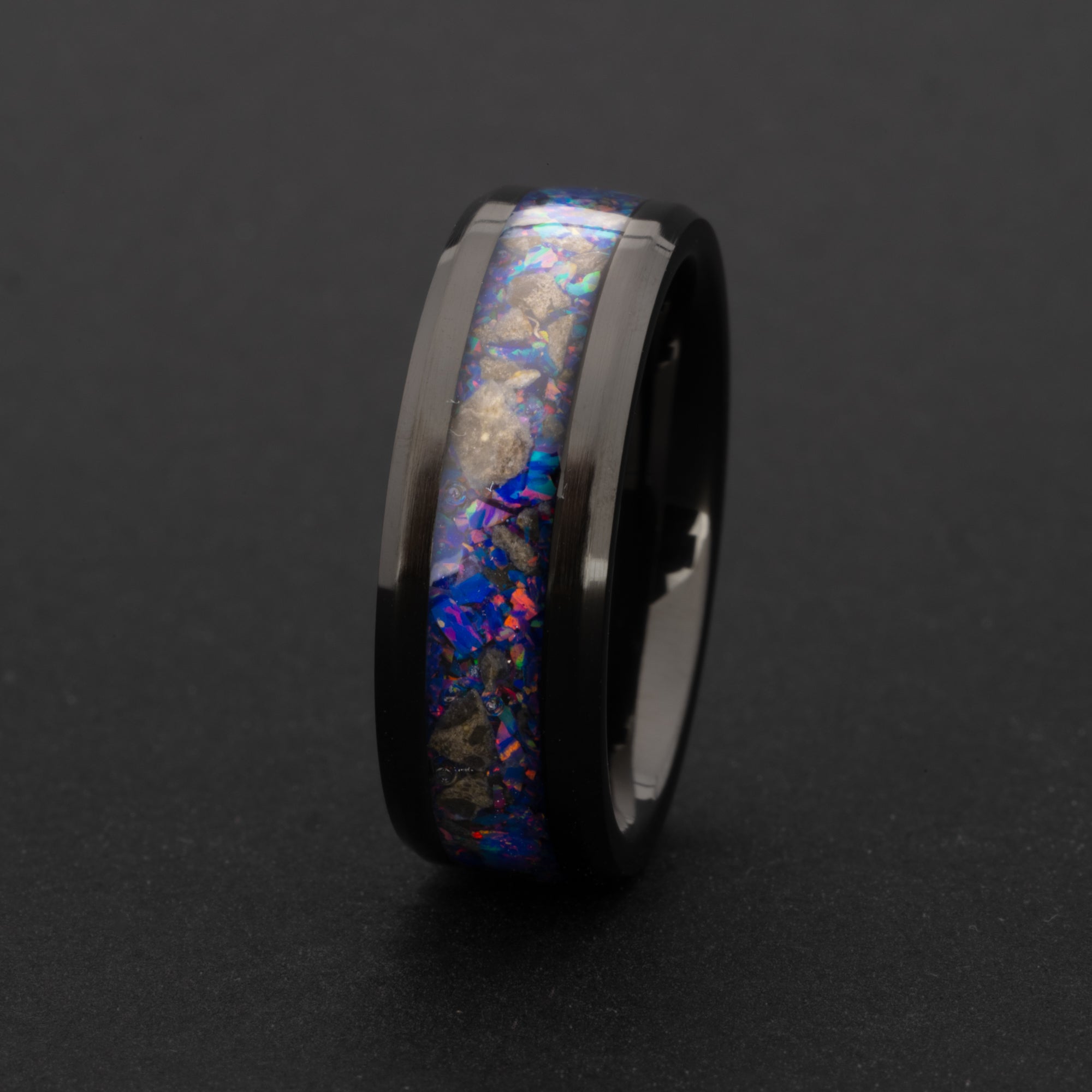 Lunar Midnight Ceramic 8mm beveled black ceramic mens wedding band with real lunar meteorite and proprietary purple blue Midnight Opal inlay