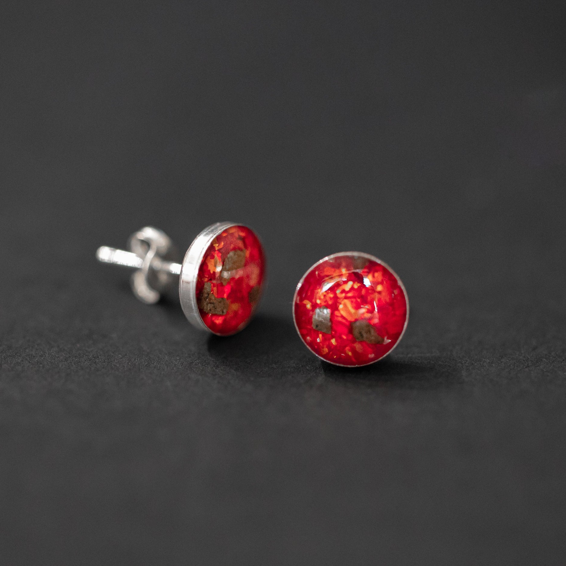 Martian Red Studs authentic silver stud earrings with real Martian meteorite and ruby red opal inlay