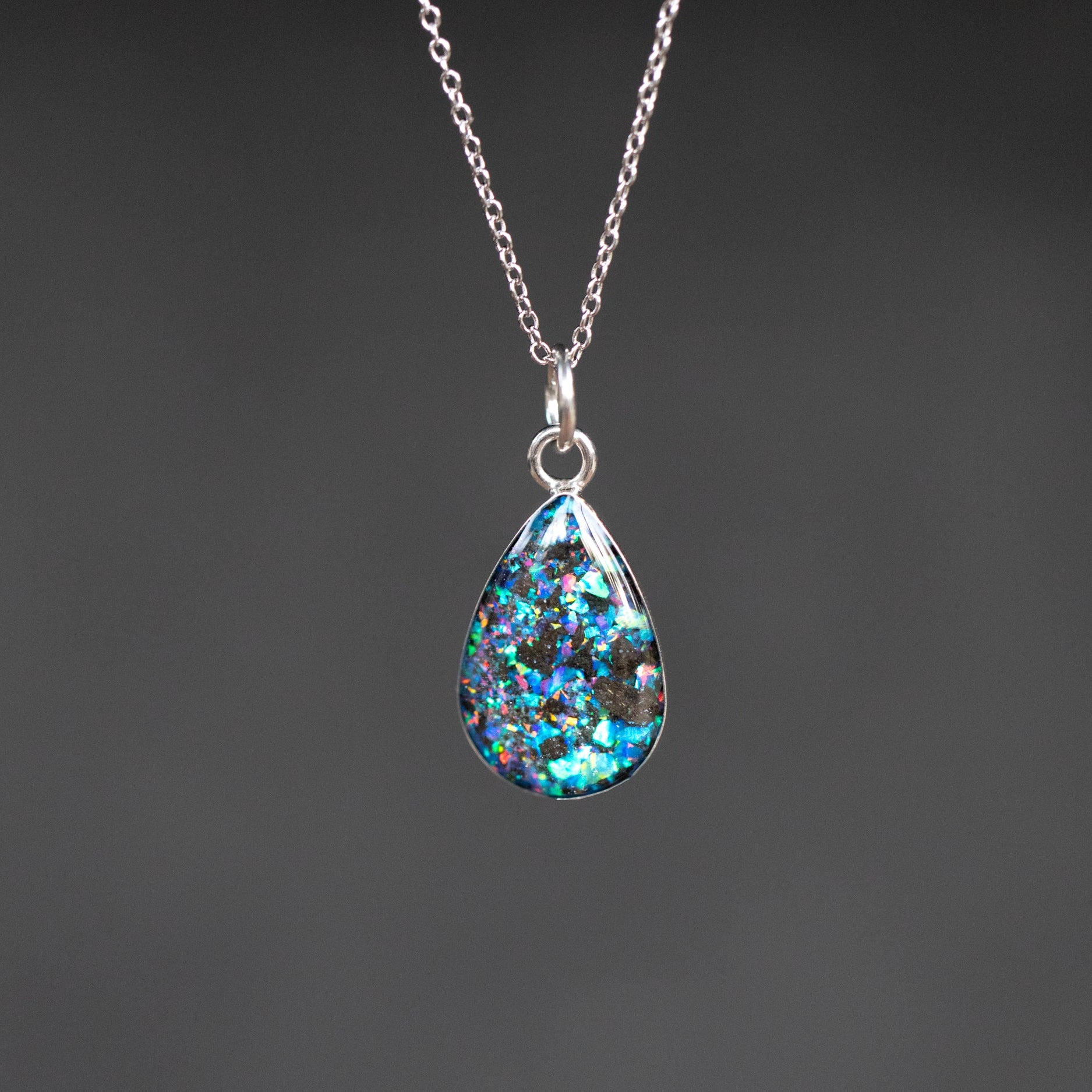 Megalodon Tide authentic silver drop pendant necklace with real megalodon tooth and blue and purple opal inlay