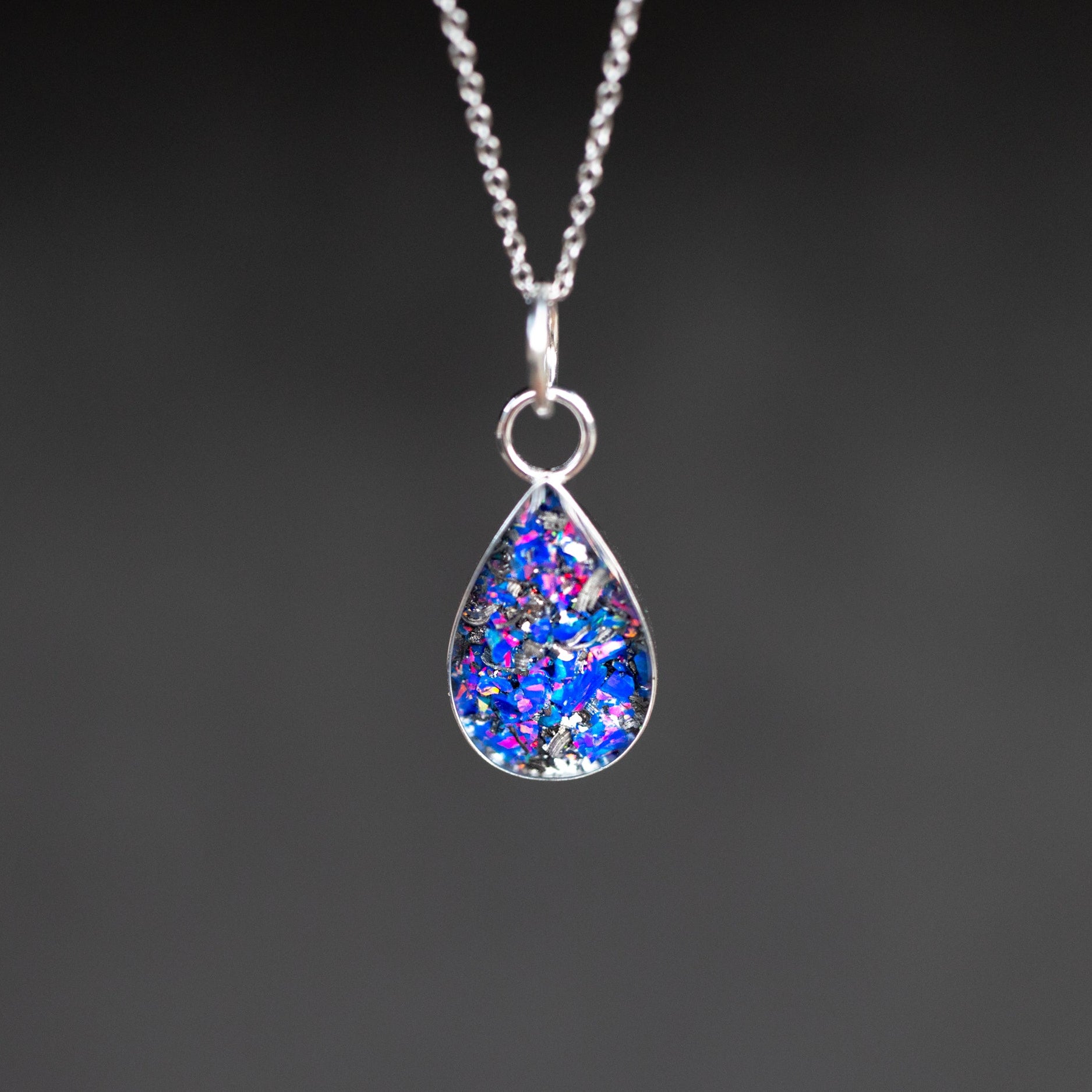 Midnight Opal Drop authentic silver teardrop pendant necklace with Campo Del Cielo meteorite and proprietary Midnight Opal purple blue opal inlay