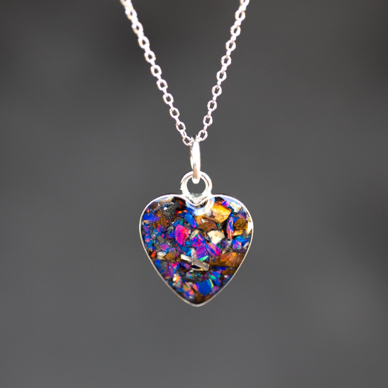 Midnight Raptor Heart authentic silver heart pendant necklace with Campo Del Cielo meteorite, real velociraptor fossil bone, and Midnight Opal inlay