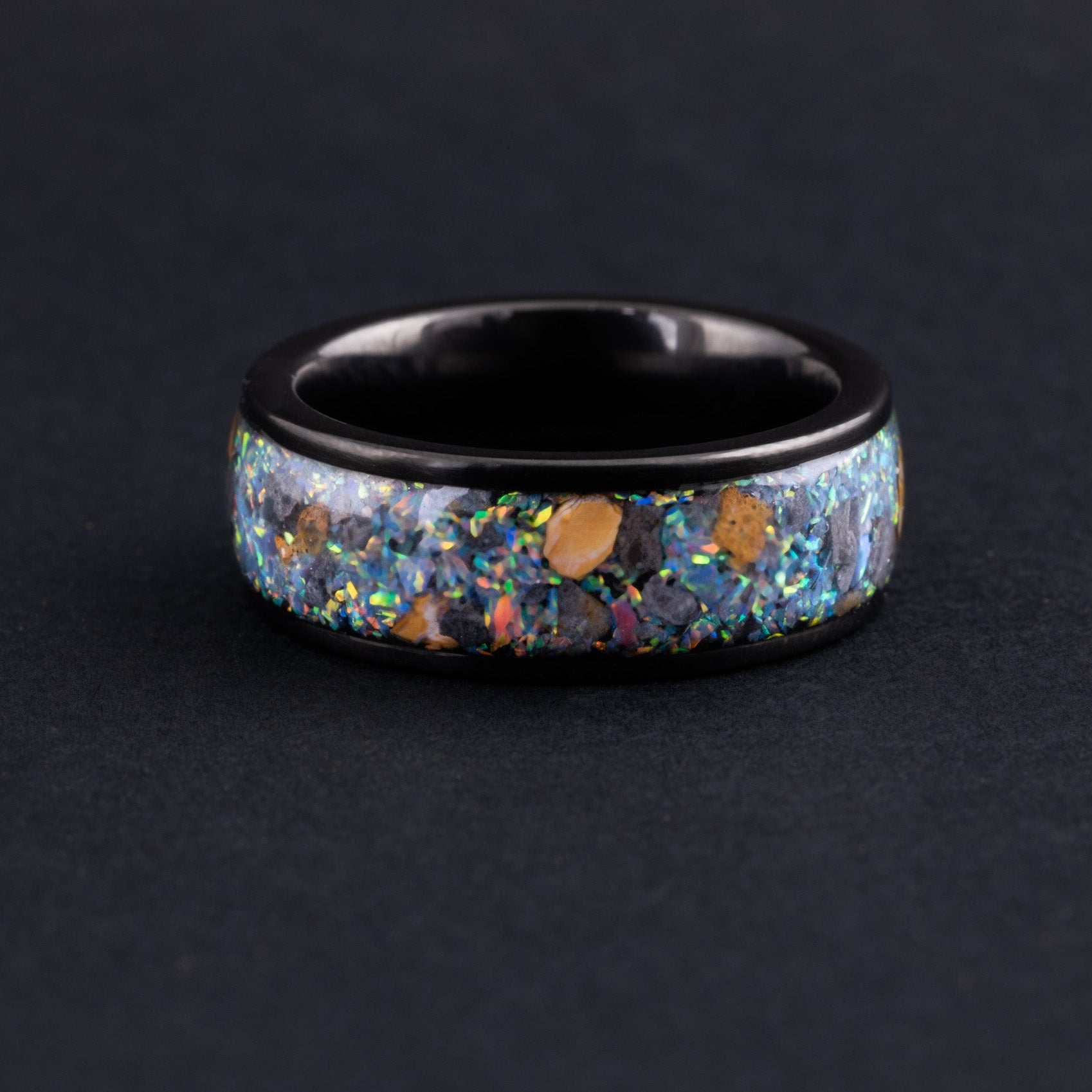 8mm black ceramic wedding band featuring authentic lunar fragments and raptor bone