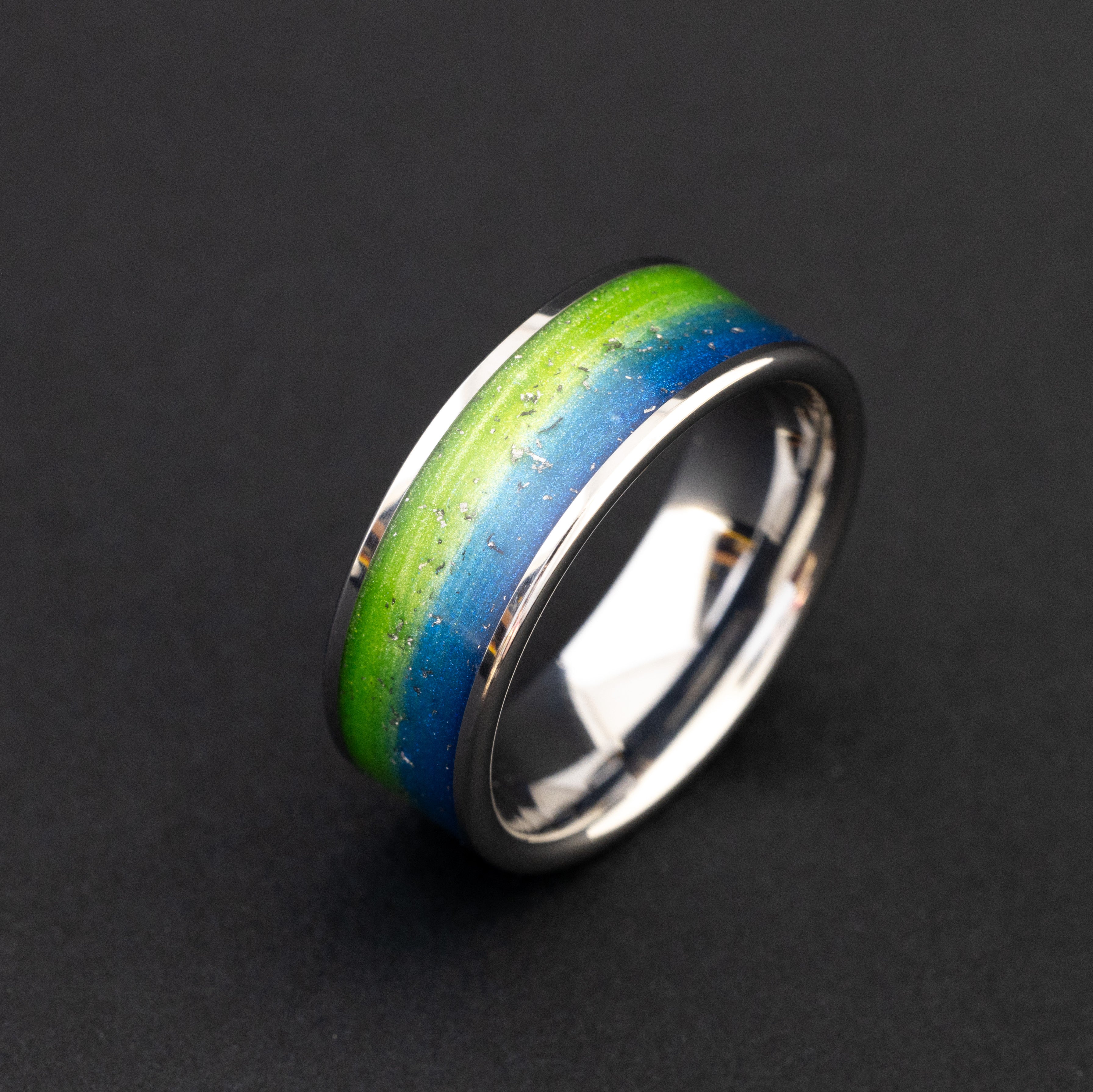 8mm wide channel tungsten ring with authentic Gibeon meteorite and split blue and green resin inlay.