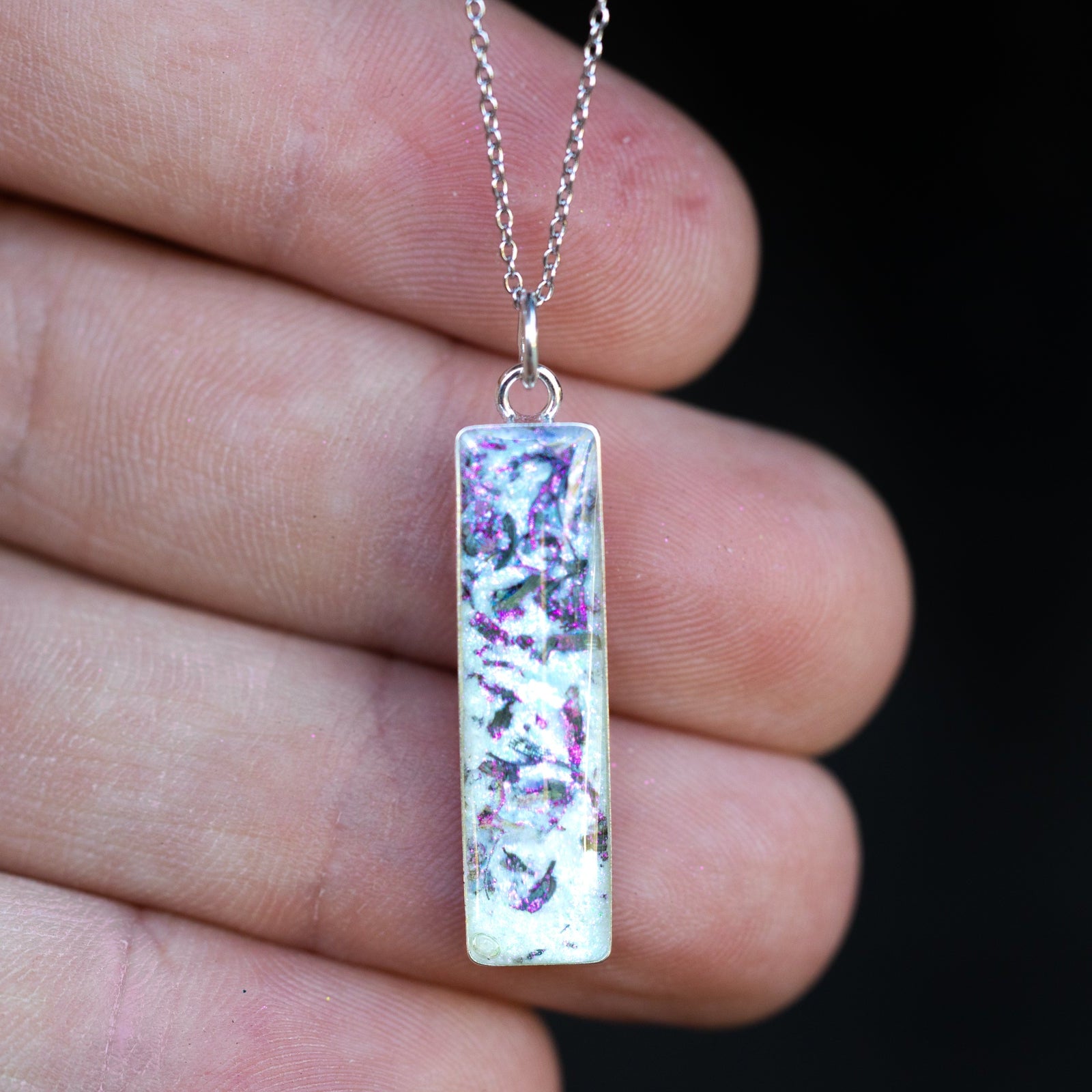 Pink Pearl Bar authentic silver bar pendant necklace with Campo Del Cielo meteorite and iridescent white resin inlay