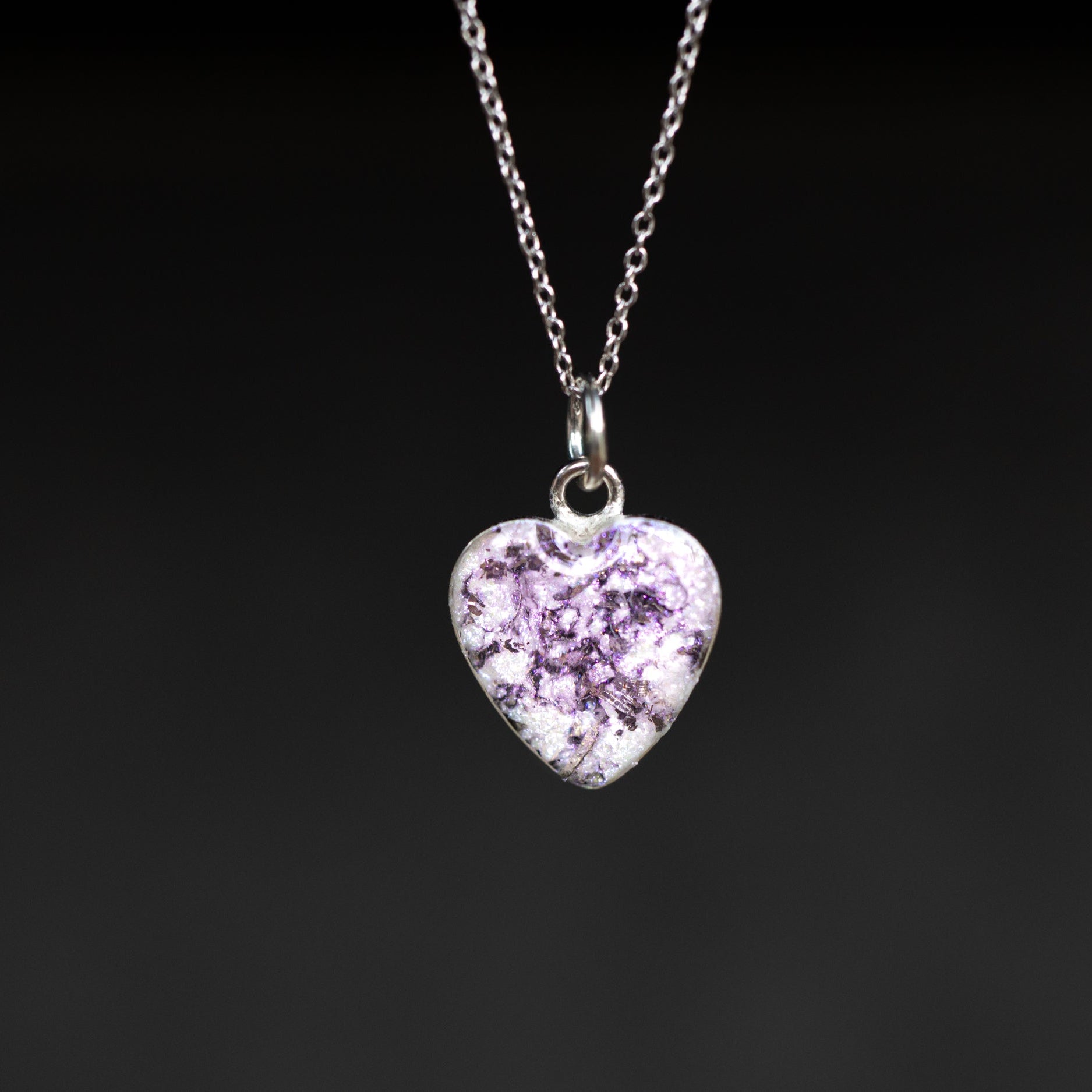 Pink Pearl authentic silver heart pendant necklace with Campo Del Cielo meteorite and iridescent white resin inlay