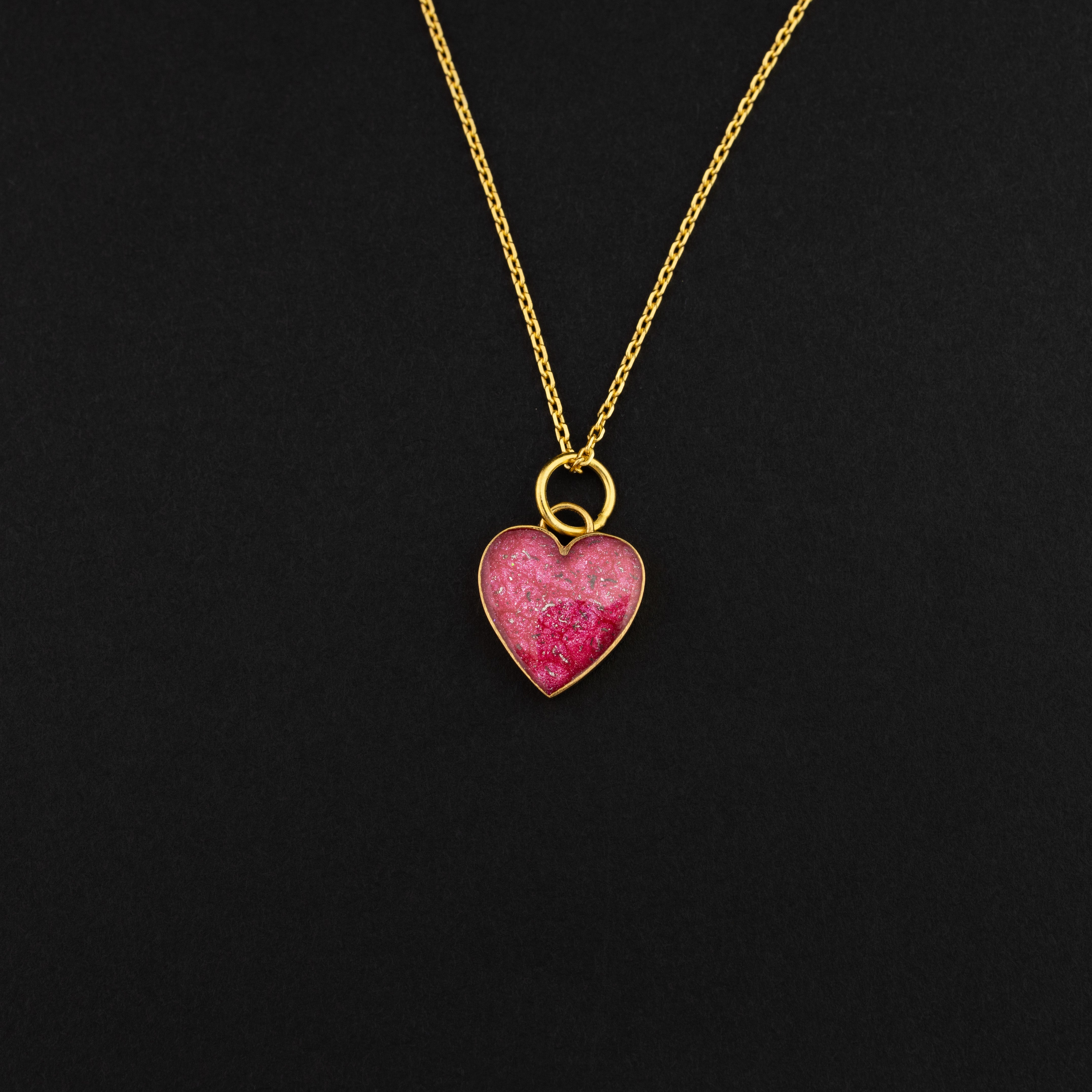 Pink Pulse authentic gold heart pendant necklace with Campo Del Cielo meteorite and pink resin inlay