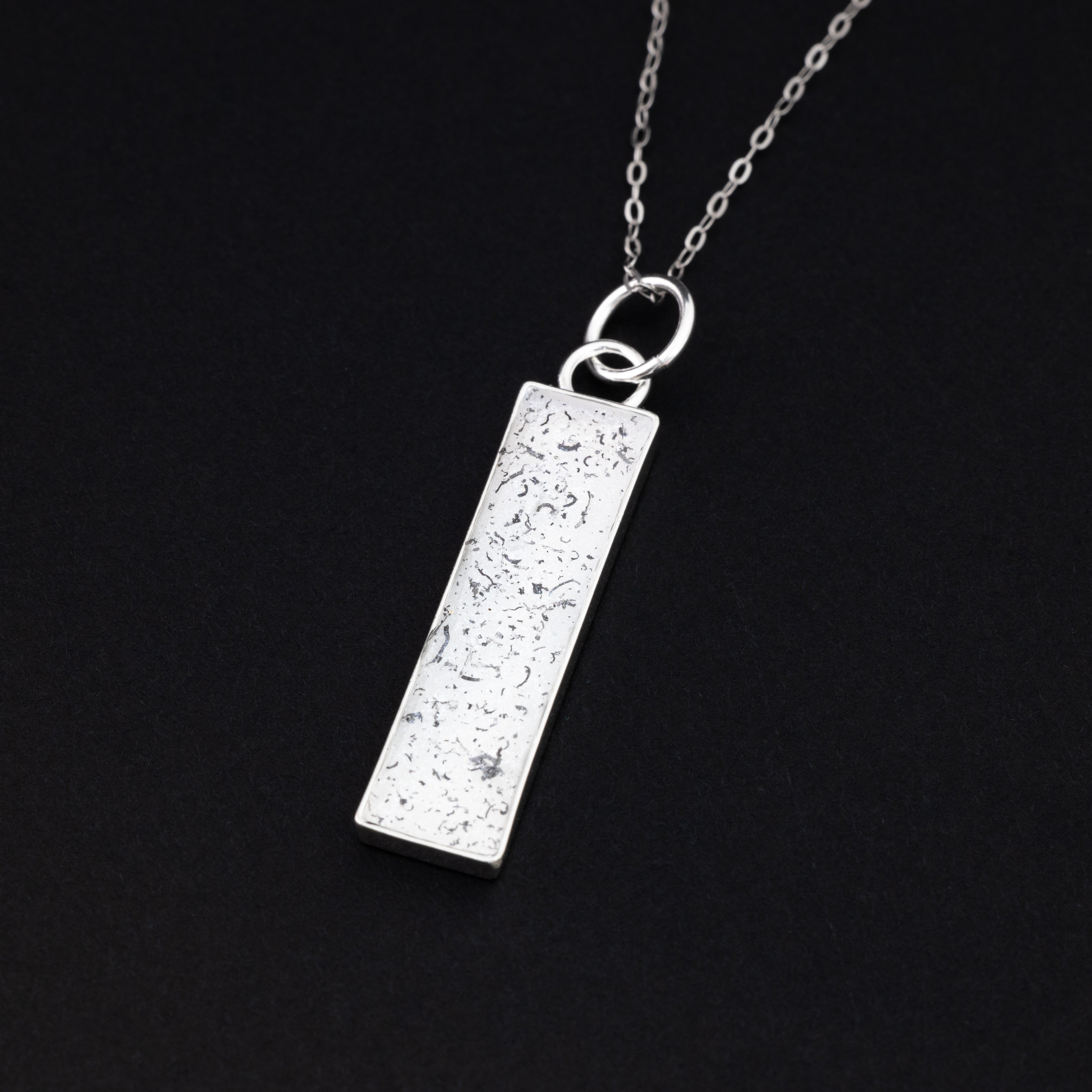Polar Nova authentic silver bar pendant necklace with Campo Del Cielo meteorite and white resin inlay