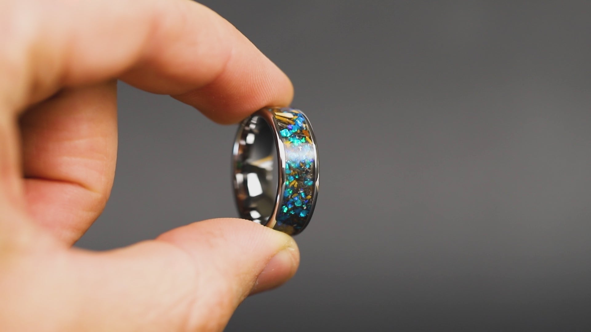 cobalt-velociraptor-wide-fossil-meteorite-blue-opal-tungsten-ring-360-view